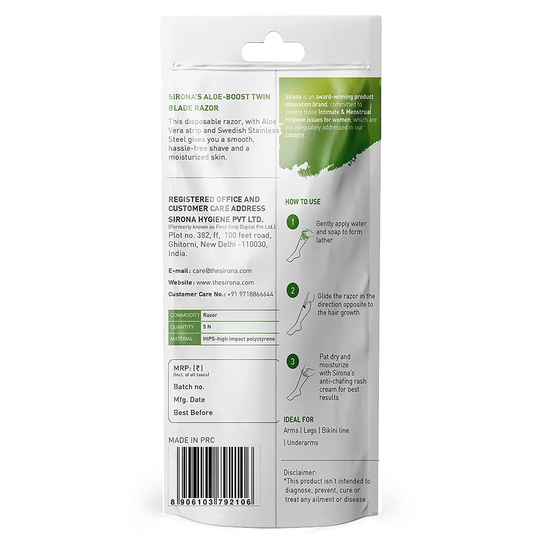 Sirona Women's Disposable Razors for Smooth Skin - 5 Pack with Aloe Vera for Sensitive Areas, Legs, Arms & Bikini Line - Perfect for Travel, Gym & Quick Hair Removal at Home
