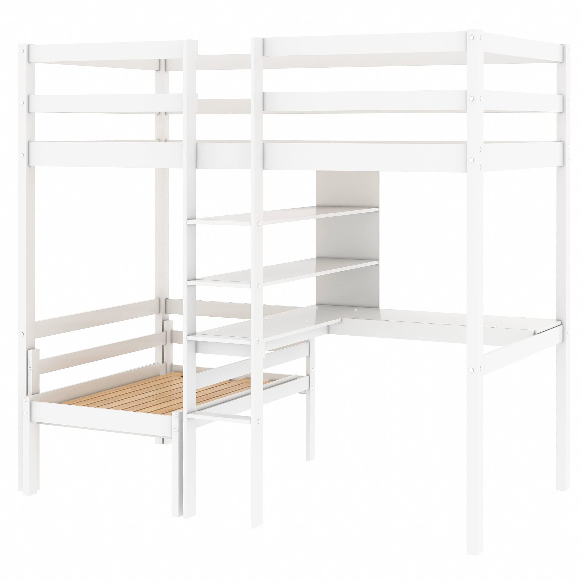 Convertible Twin Bunk Bed with L-Shaped Desk & Shelves - Space-Saving Loft Bed with Ladder for Kids & Teens (Mattress Included) - Perfect for Small Bedrooms, Dorm Rooms & Shared Kids' Spaces