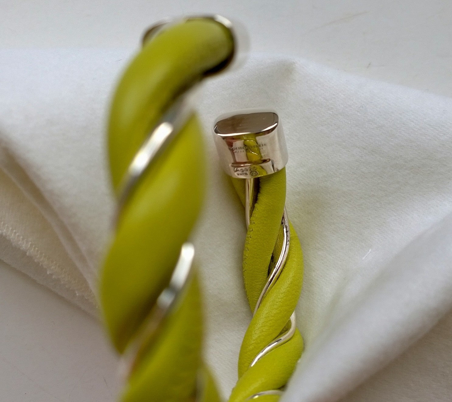 Bottega Veneta Twist Lime Leather and Silver Spiral Cuff Bracelet for Women | Luxury Italian Designer Jewelry | Perfect for Parties, Weddings & Special Occasions