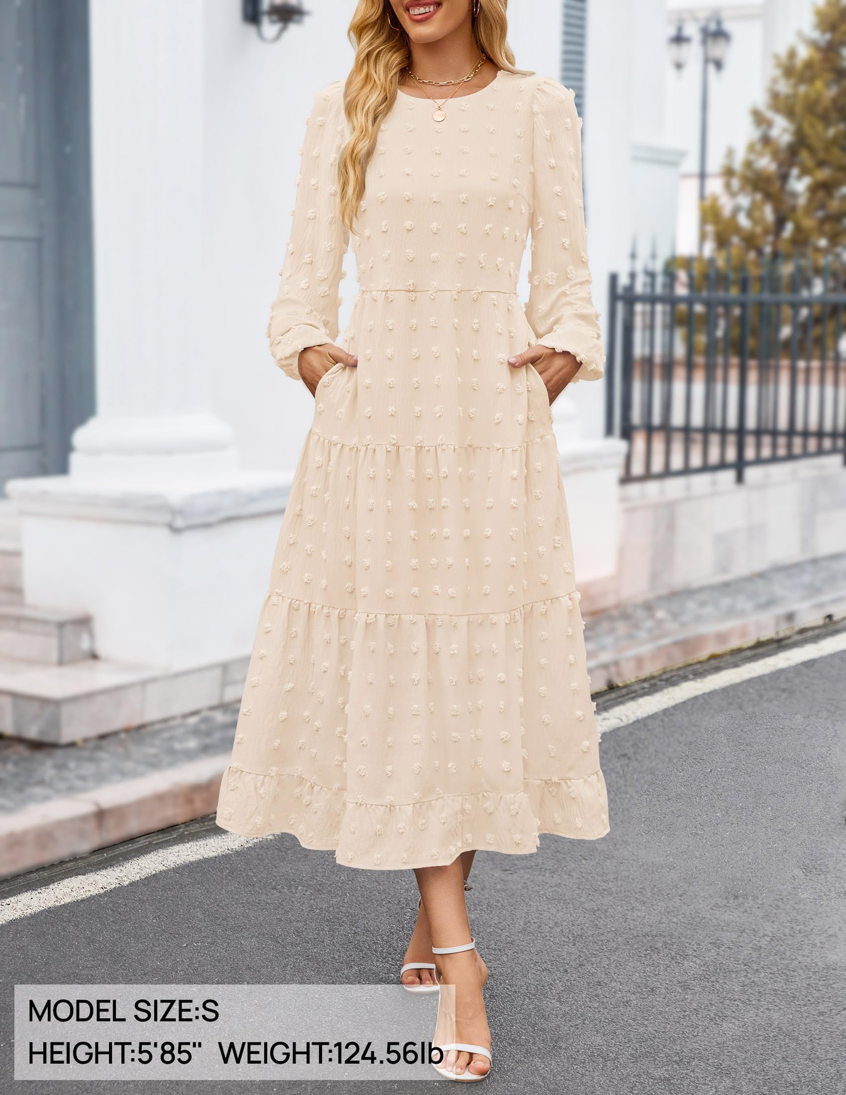 ZESICA Women's Long Sleeve Swiss Dot Maxi Dress - Casual Crew Neck Tiered A-Line Flowy Dress for Wedding Guest, Spring Party, Date Night & Special Occasions