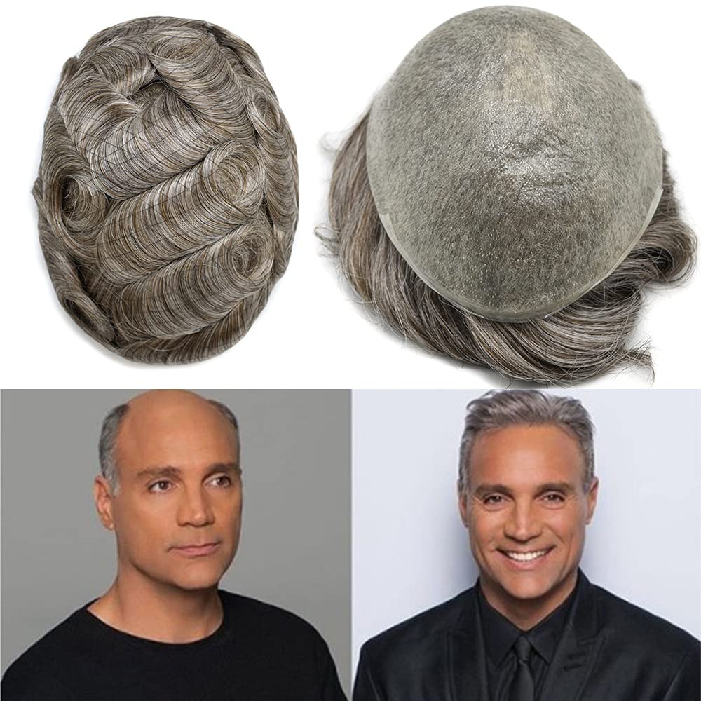 Premium Men's Toupee - 100% Human Hair & Ultra Thin Skin Base - Natural Hair Replacement System for Men (1B80# Off Black & 80% Synthetic Grey) - Light to Medium Density 8