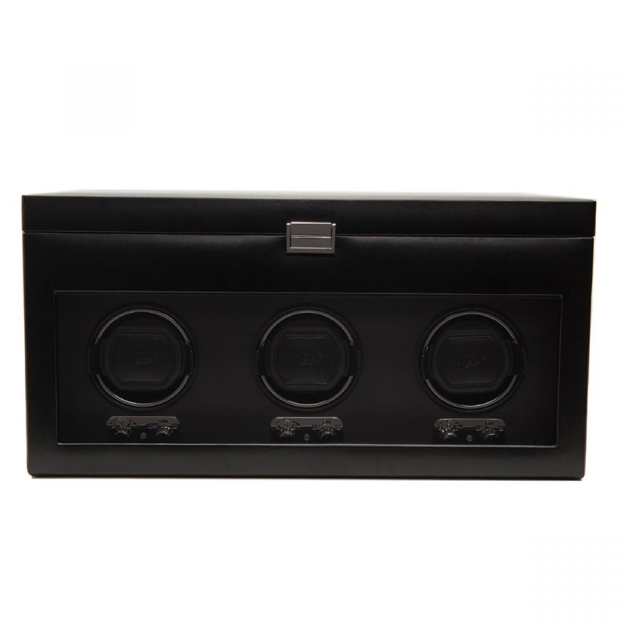 WOLF Heritage Triple Watch Winder with Storage Box - Secure Fit Patented Lock-In Dynamic Cuff for Large Heavy Watches - Vegan Leather & Glass Cover - Includes Universal Watch Adapter - Perfect for Watch Collectors & Luxury Timepiece Storage at Home or Office