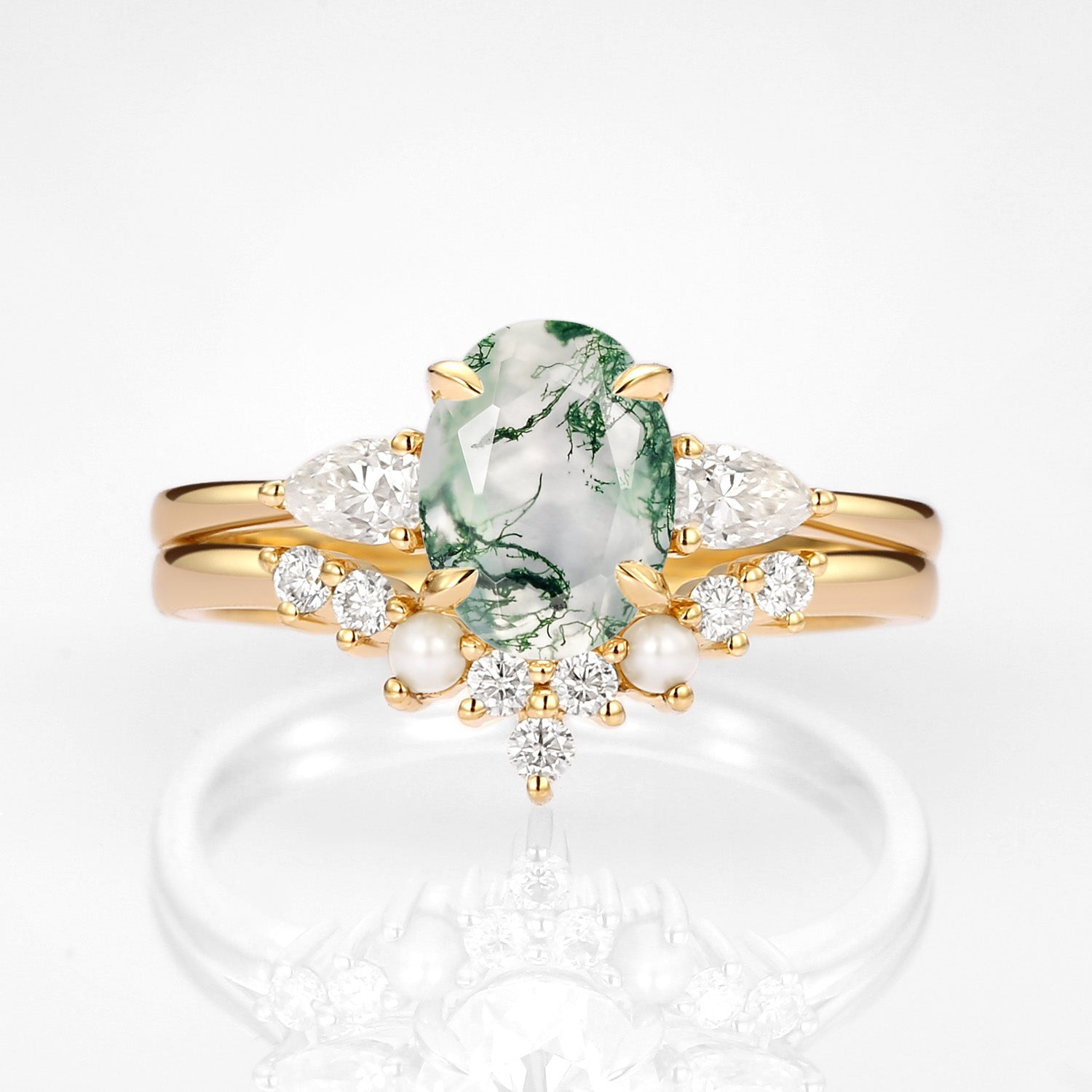 Vintage Oval Cut Moss Agate Gold Ring Set - 2 Piece Wedding Band Stackable Rings for Women, Nature Inspired Jewelry for Bridal, Anniversary & Boho Style Outfits