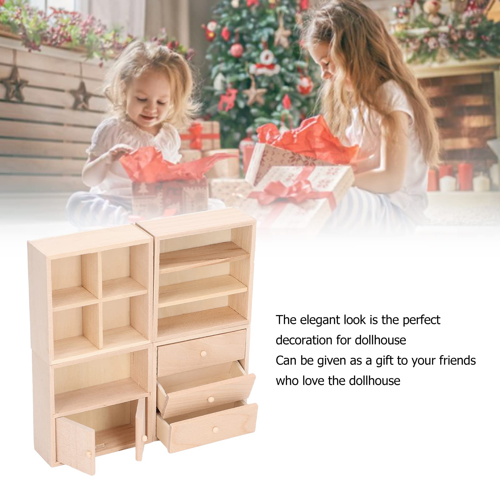 1/12 Scale Miniature Wooden Dollhouse Cabinet Set - 4 Pcs Dollhouse Furniture with Shelves for DIY Dollhouse Decor & Miniature Room Scenes