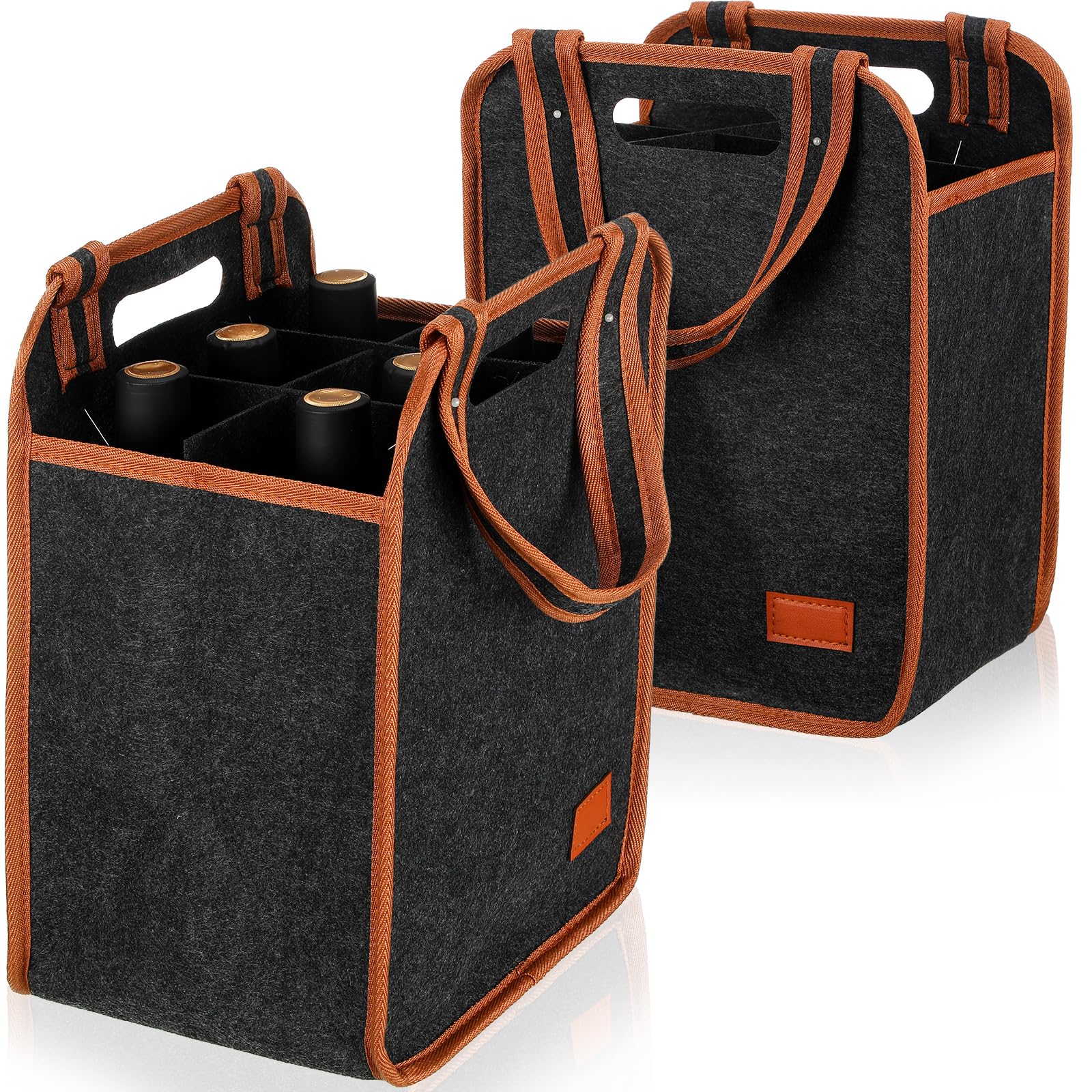 2 Pack Insulated Reusable Wine Tote Bags - 6 Bottle Capacity, Brown (9.45