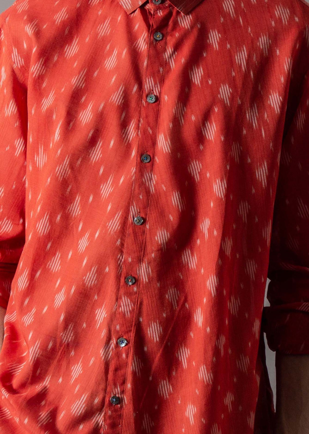 Ramleela Cotton Rust Ikat Shirt for Men - Comfortable & Stylish Casual Wear for Festivals, Parties, and Everyday Outfits