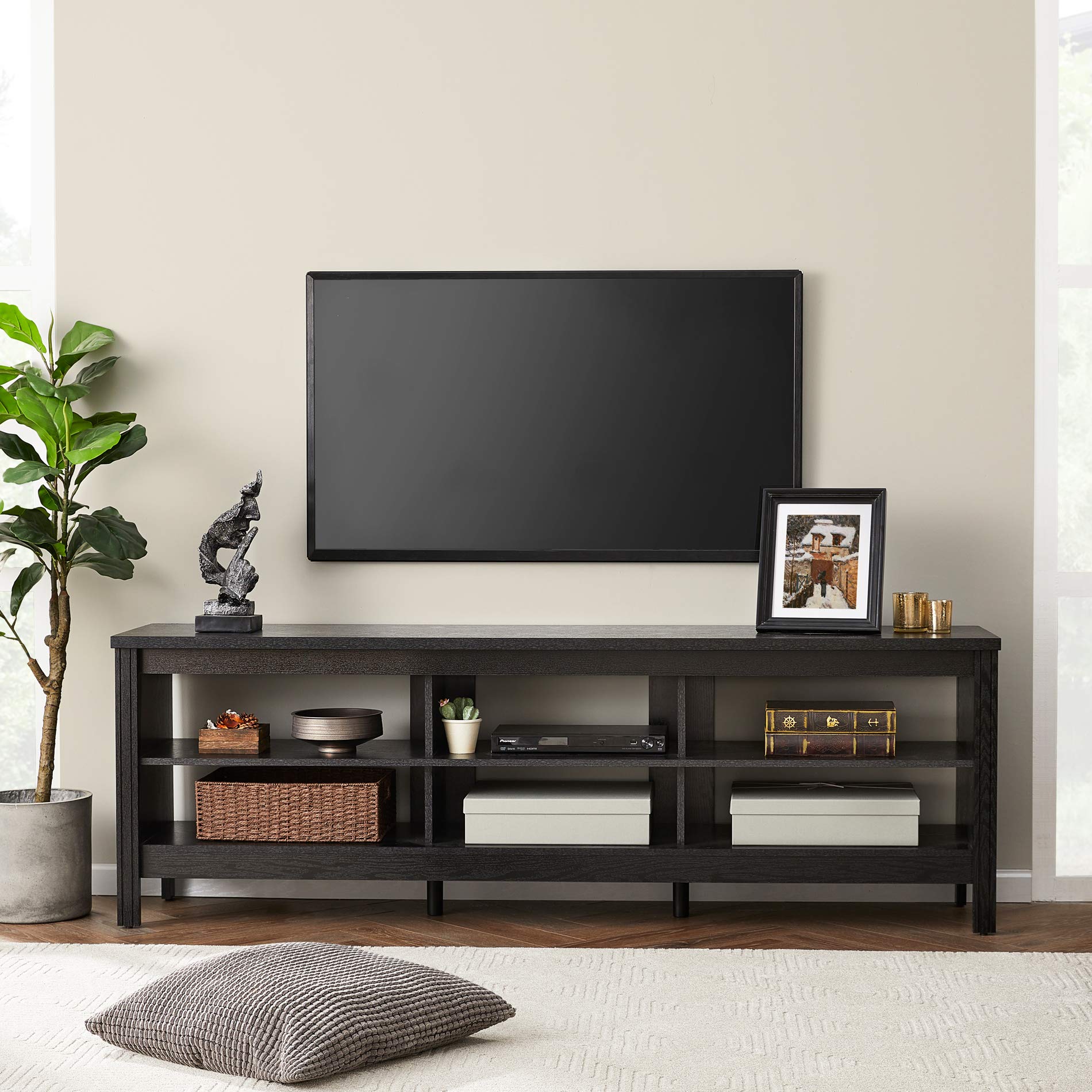 WAMPAT 75 Inch TV Stand - Rustic Black Wood Entertainment Center with 6 Storage Cubby, Classic TV Media Console for 65-70 Inch TVs - Perfect for Living Room, Bedroom & Home Theater Setup