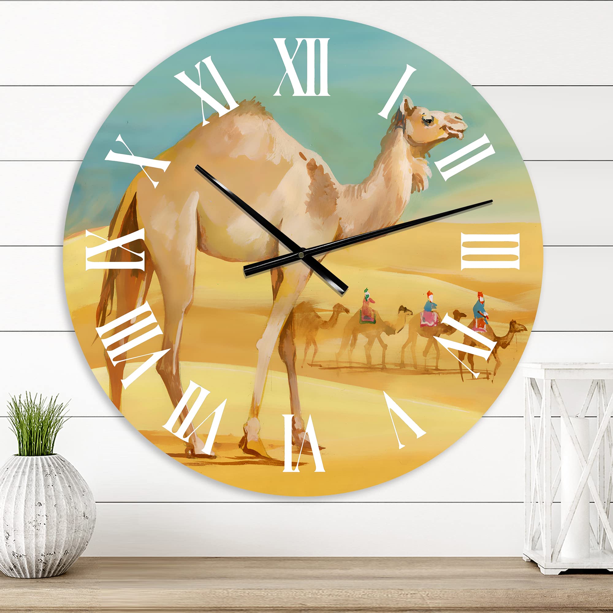 DesignQ Farmhouse Wall Clock 'Camels in Desert' - Large Animal-Themed Wall Clock for Bedroom, Living Room, and Office Decor