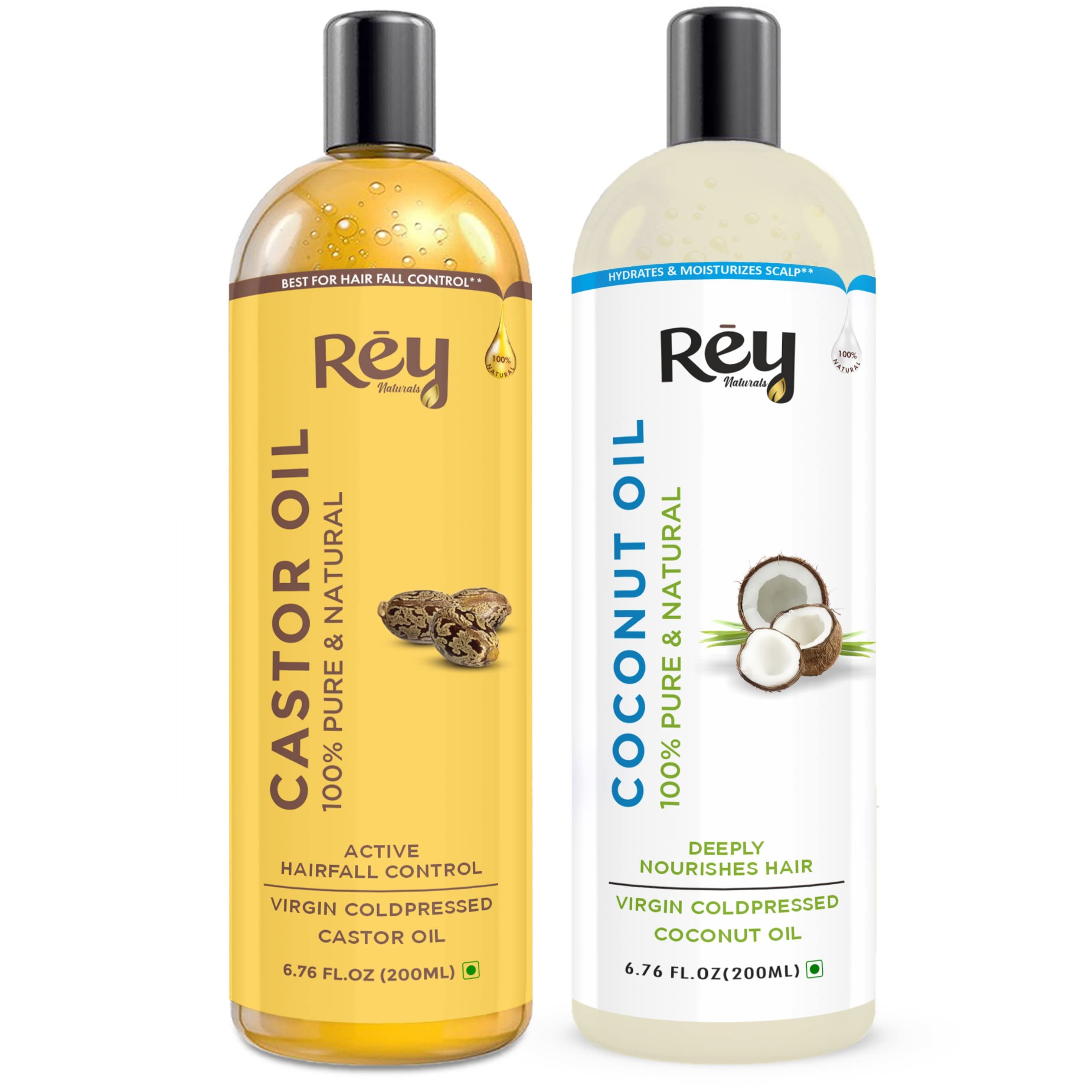 Rey Naturals Cold Pressed Castor & Virgin Coconut Hair Oil - 200ml x 2 | Natural Hair Growth Treatment for Men & Women | Controls Hair Fall, Nourishes Eyebrows & Eyelashes | Hydrates Scalp & Strengthens Nails | Perfect for Daily Hair Care & Styling Routine
