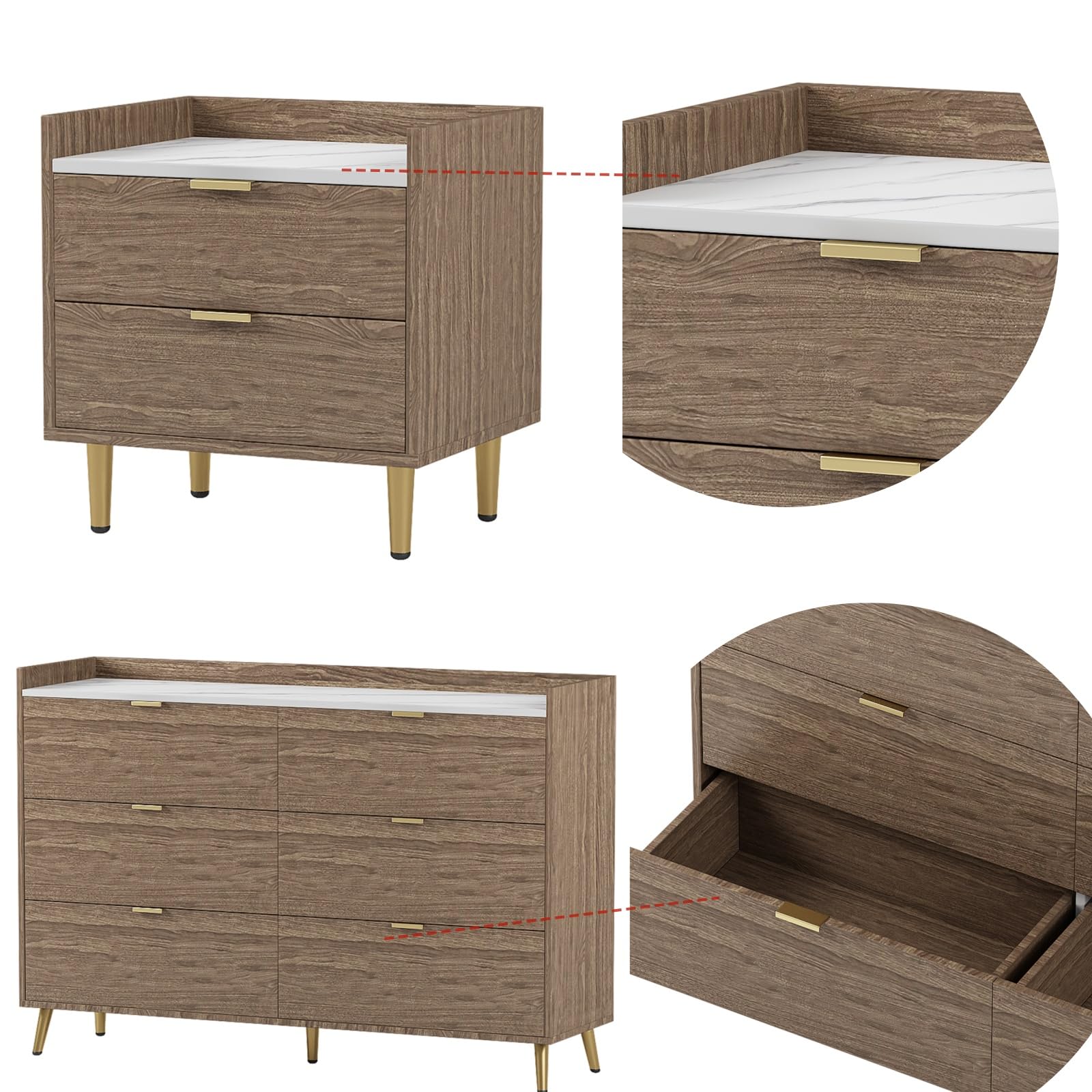 Merax 3-Piece Queen Size Bedroom Set with Upholstered Platform Bed, Storage Nightstand & 6-Drawer Dresser - Motion Activated Night Lights & USB Charger - Modern Bedroom Furniture for Small Spaces & Guest Rooms