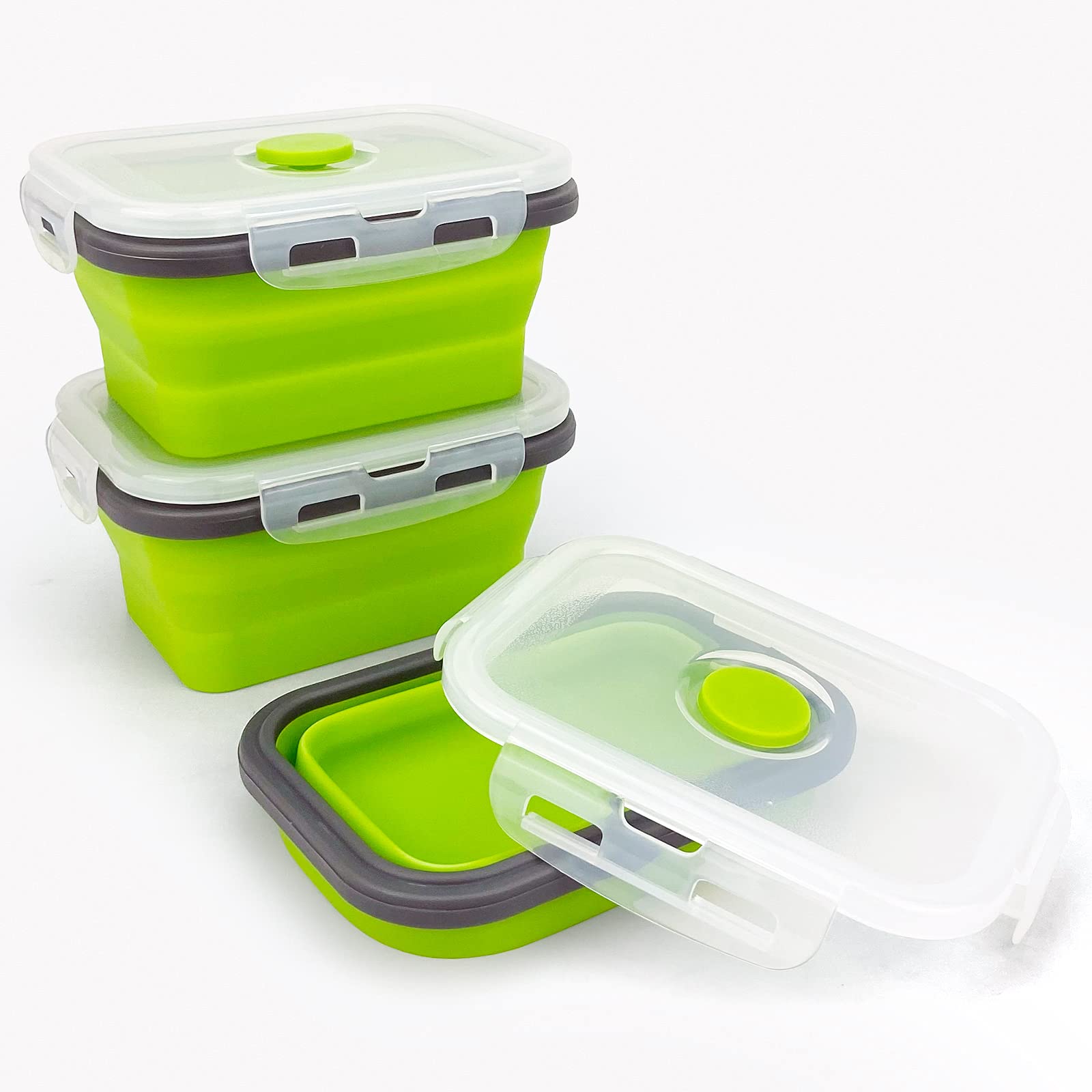 3-Piece Collapsible Food Storage Containers with Lids - Microwave & Freezer Safe Silicone Lunch Box - Space Saving for Kitchen, Camping & Travel (Green Gray) | Perfect for Meal Prep, Office Lunch & Outdoor Adventures