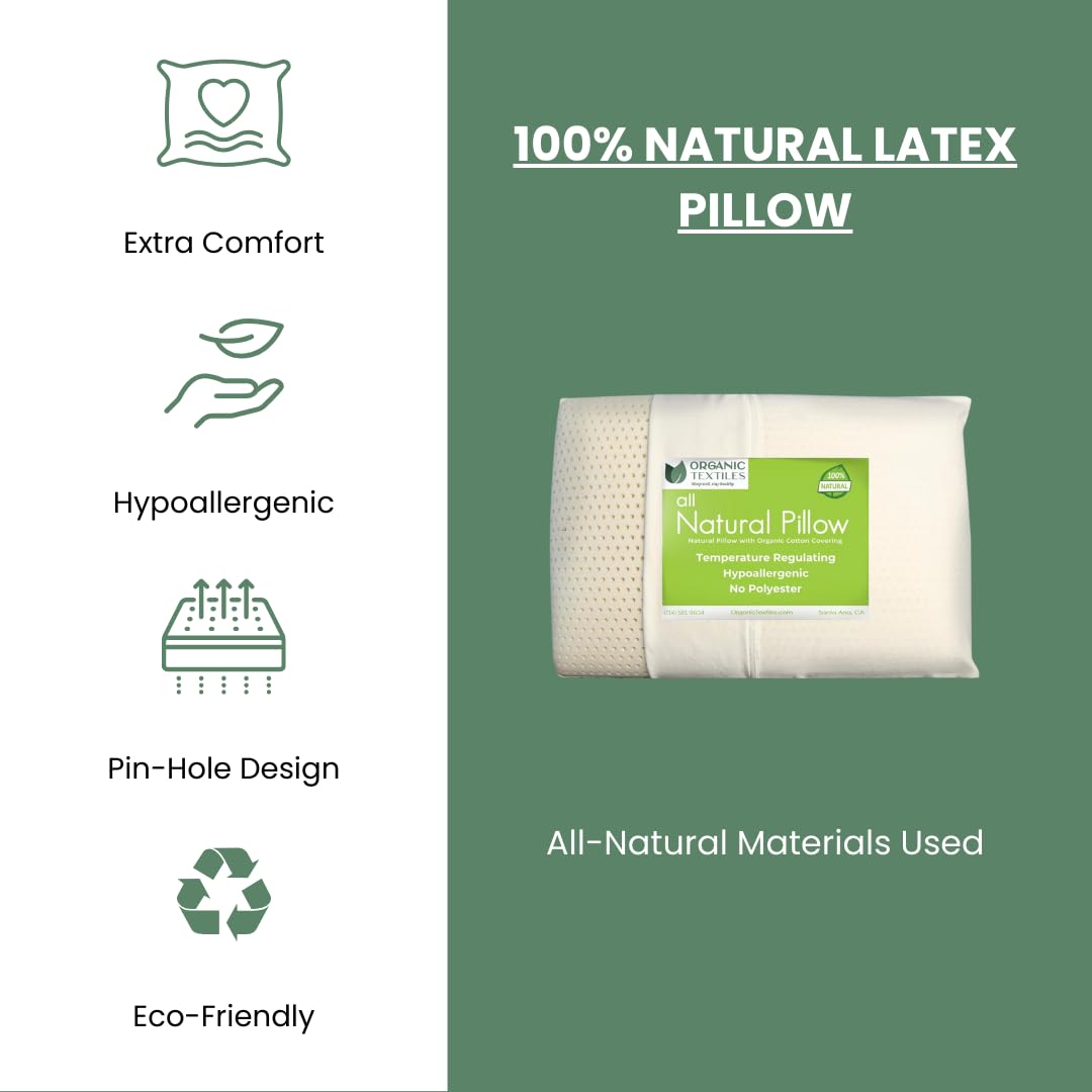 Organic Natural Latex Pillow with GOTS Certified Cotton Cover - Queen Size Firm Support for Neck Pain Relief & Head Support | Ideal for Side, Back & Stomach Sleepers | Perfect for Home, Office & Travel Use