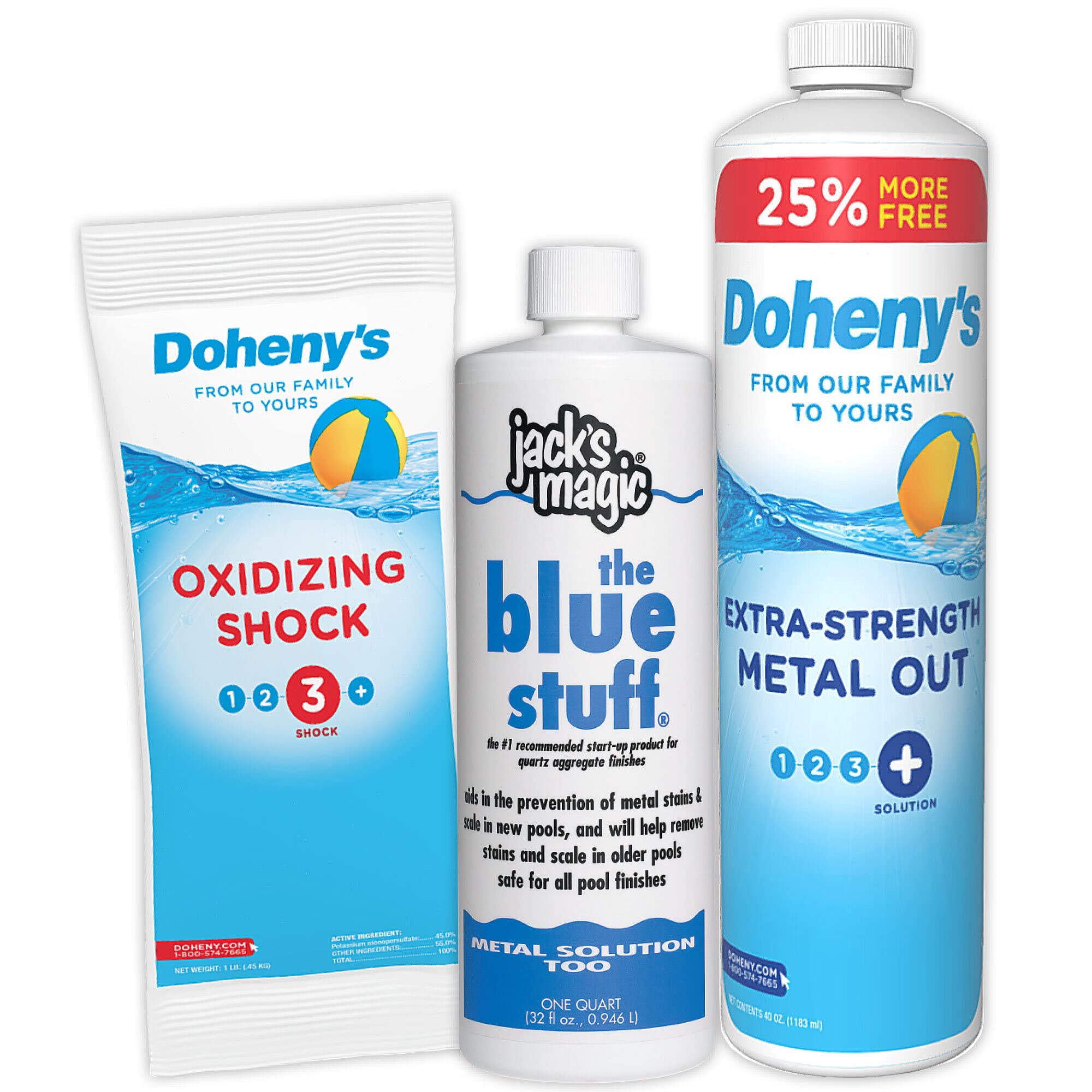 Doheny's Swimming Pool Stain Prevention Bundle - Oxidizing Shock, Extra-Strength Metal Out & Jack's Magic The Blue Stuff | Prevent Pool Stains & Maintain Water Clarity | Perfect for In-Ground & Above-Ground Pools, Hot Tubs & Spas