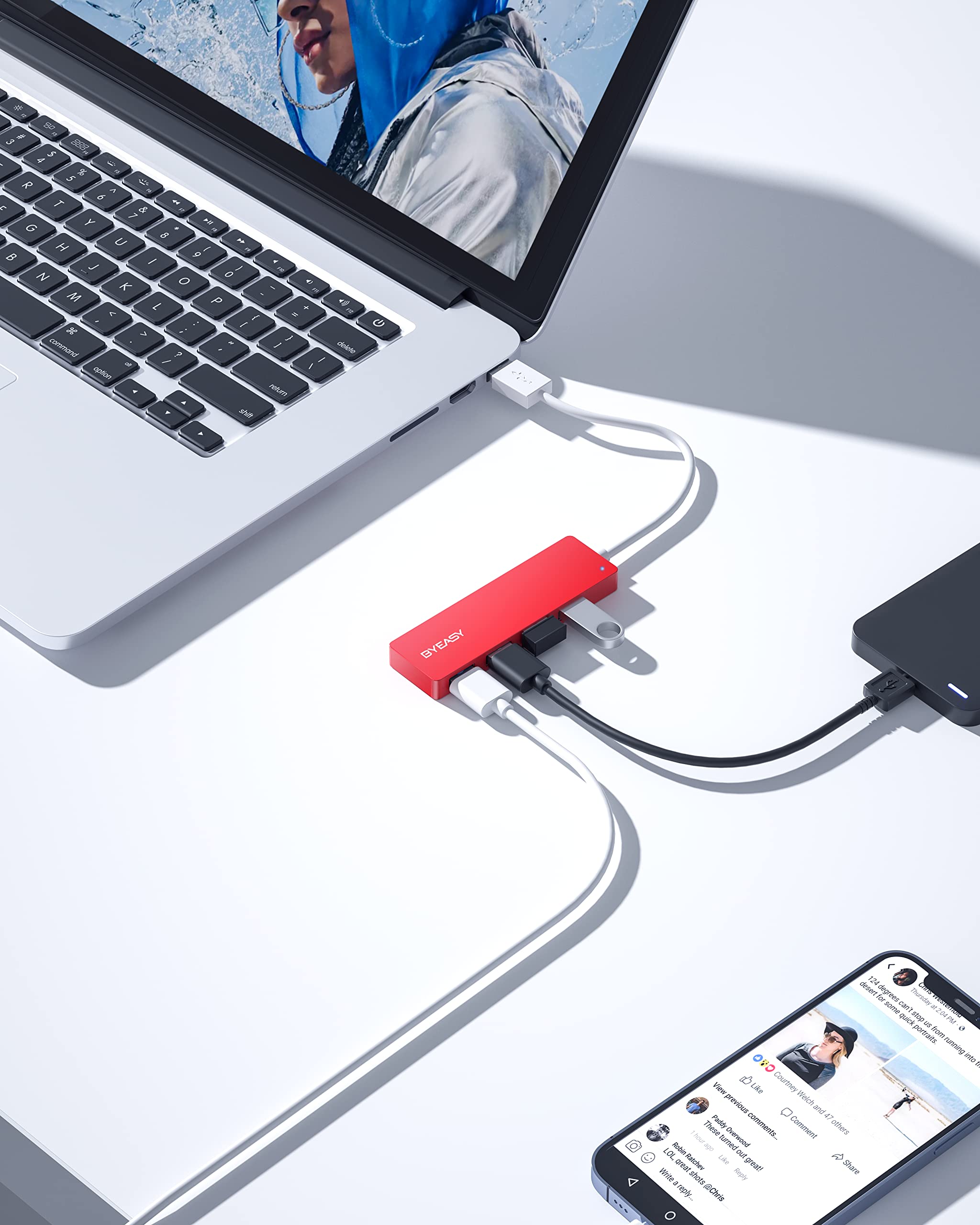 BYEASY 4-Port USB 3.0 Hub - Ultra Slim Portable USB Splitter for MacBook, iMac, PC, Laptop, Surface Pro | Fast Data Transfer for Flash Drives, External HDD, Tesla Model 3 | Perfect for Home Office, Travel & Car Charging