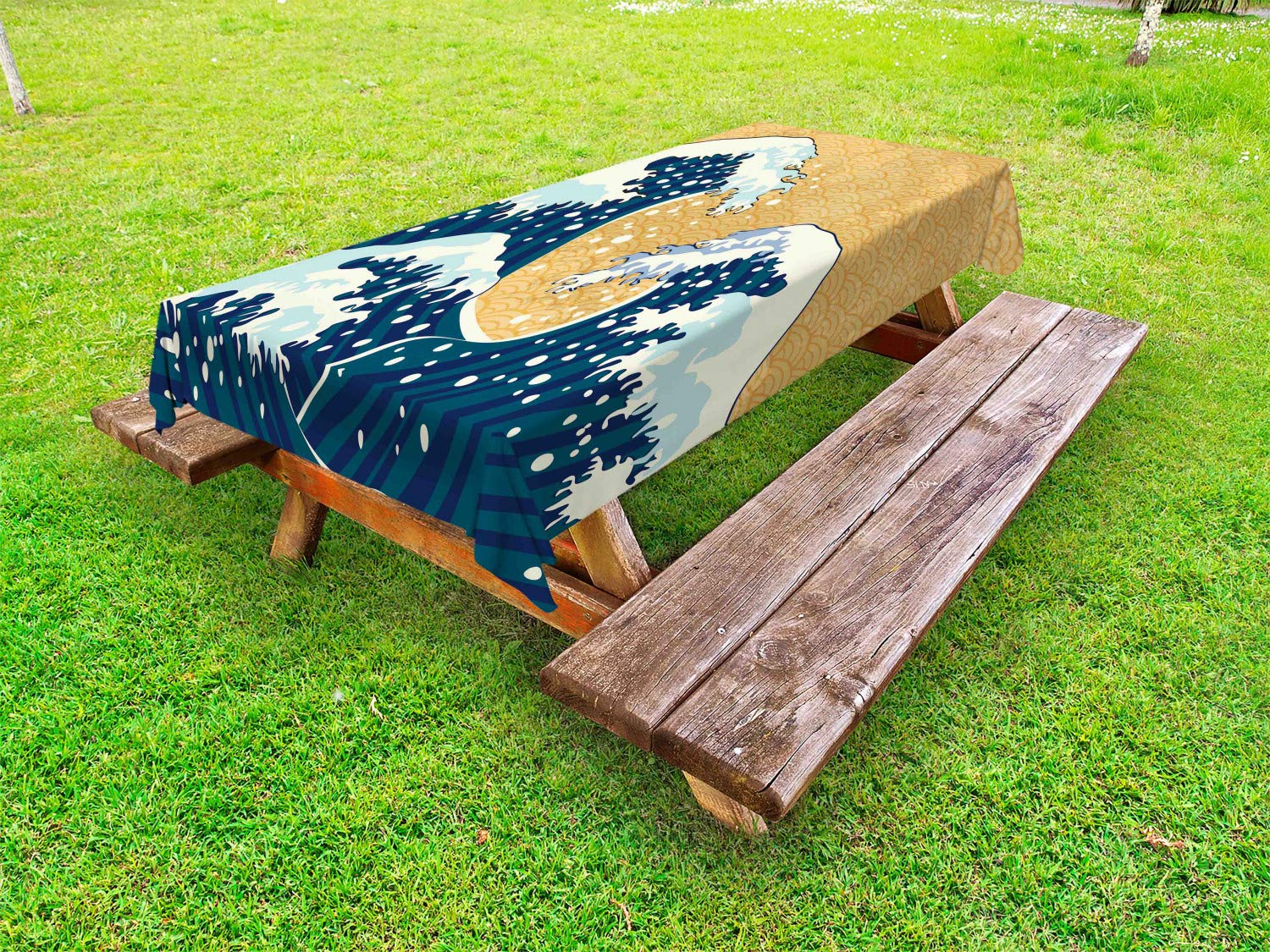 Ambesonne Japanese Wave Waterproof Outdoor Tablecloth - Traditional Sea Storm Art with Foamy Waves, Washable Picnic Table Cover 58
