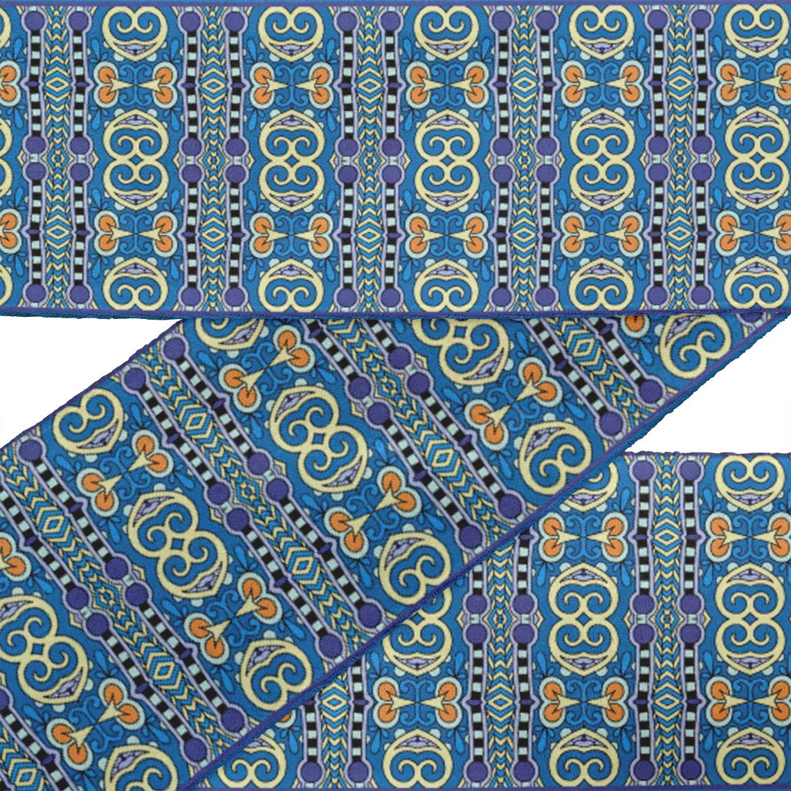 Indian Beautiful Art Blue Stripe & Paisley Ethnic Printed Velvet Ribbon Trim - 9 Yards, 3 Inches Wide for Crafts, Sewing & DIY Accessories - Perfect for Costume Design, Gift Wrapping & Home Decor