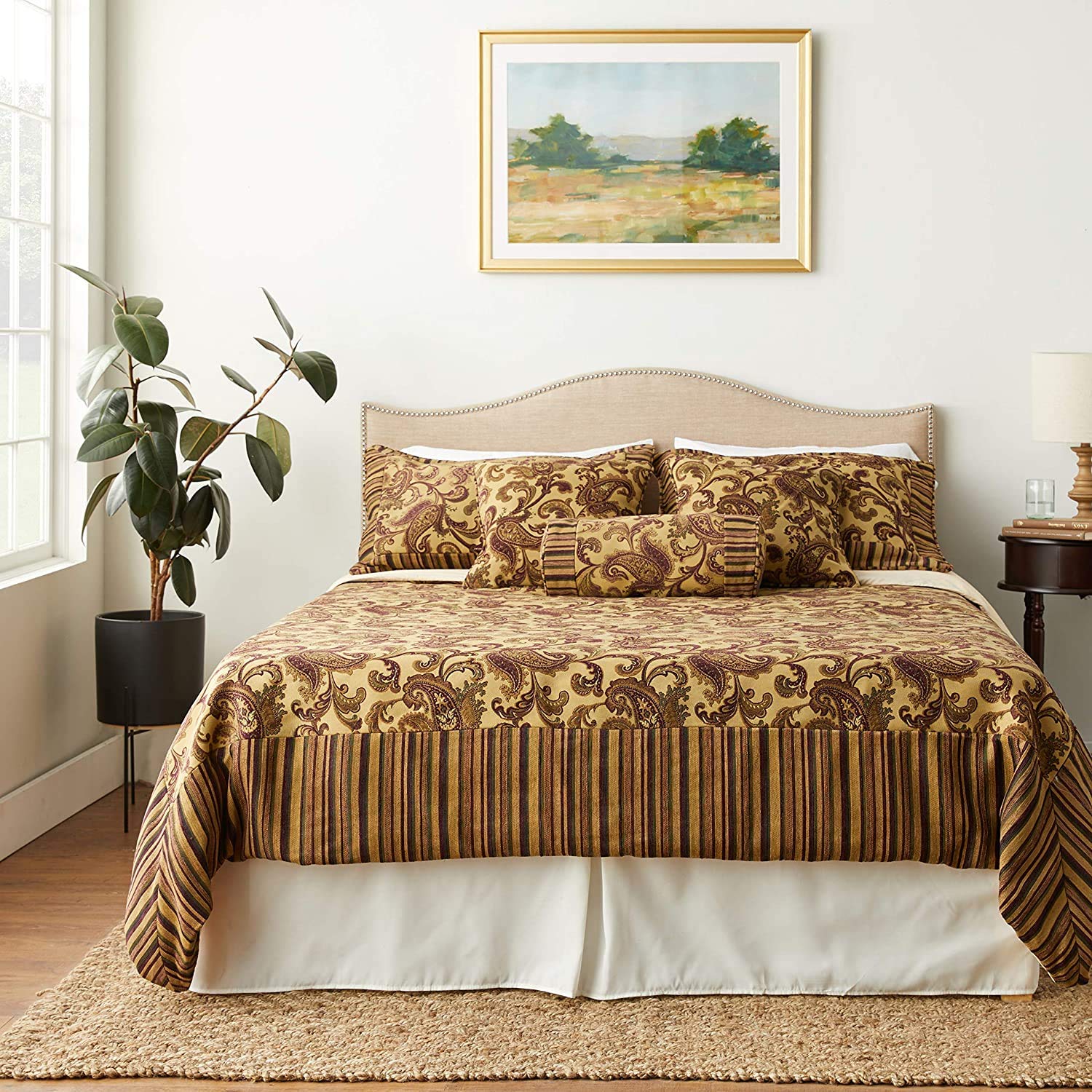Luxury 6-Piece Heavyweight Paisley Chenille Comforter Set with Exotic Blooms - King Size Bedding for Master Bedroom & Guest Room Decor