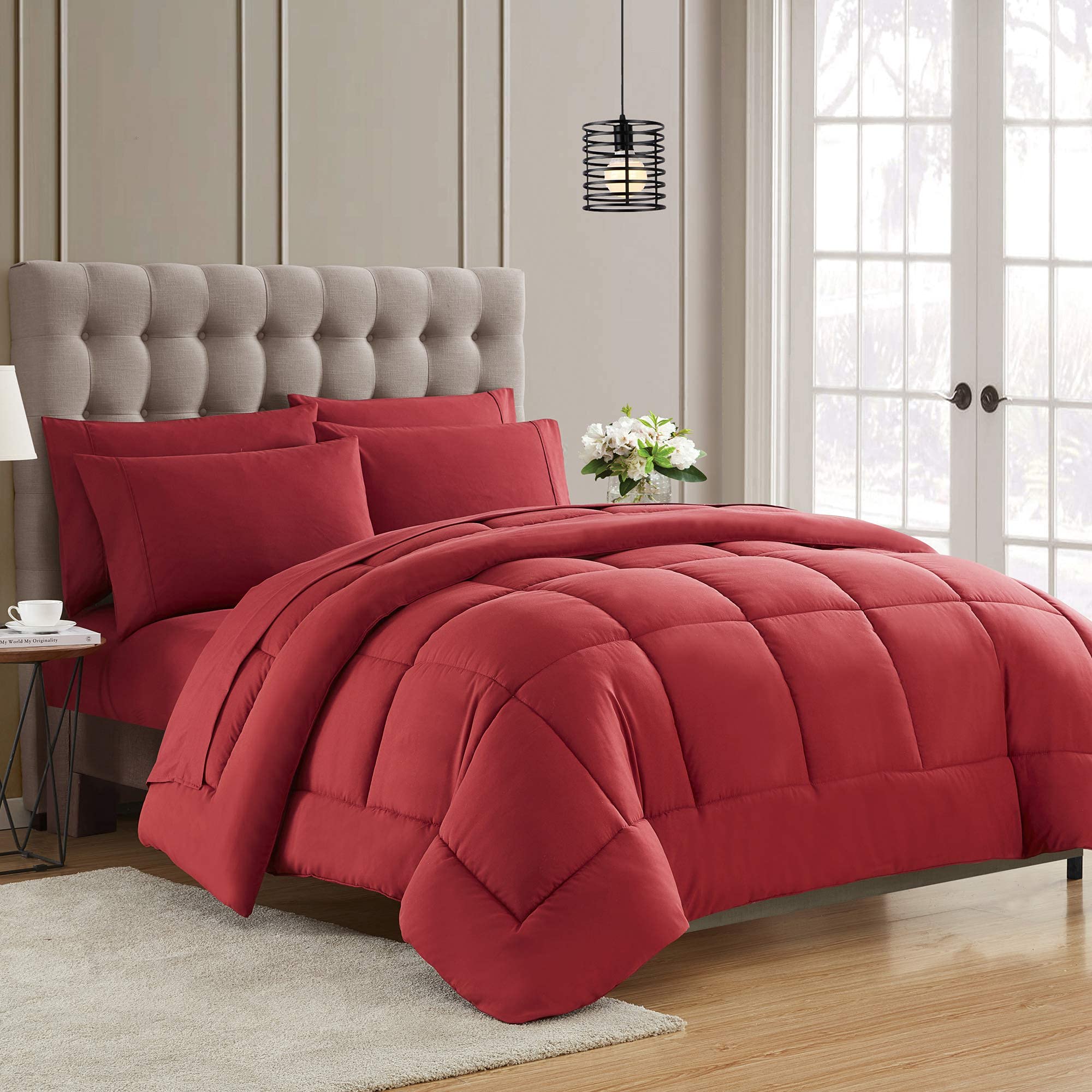 5-Piece Burgundy King Comforter Set - 100% Natural Cotton 500 GSM All-Season Goose Down Alternative Bedding with 4 Pillow Shams | Luxury Bedroom Decor for Master Suite, Guest Room & Hotel Style Comfort