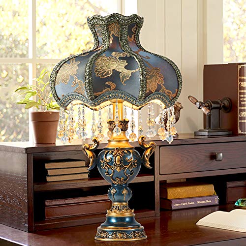 Modern Blue Fabric Lampshade Bedside Table Lamp with Elegant Floral Design - Antique Painted Resin Base Nightstand & Desk Lamp for Living Room, Girls Bedroom - Perfect for Reading, Bedside Lighting & Home Decor