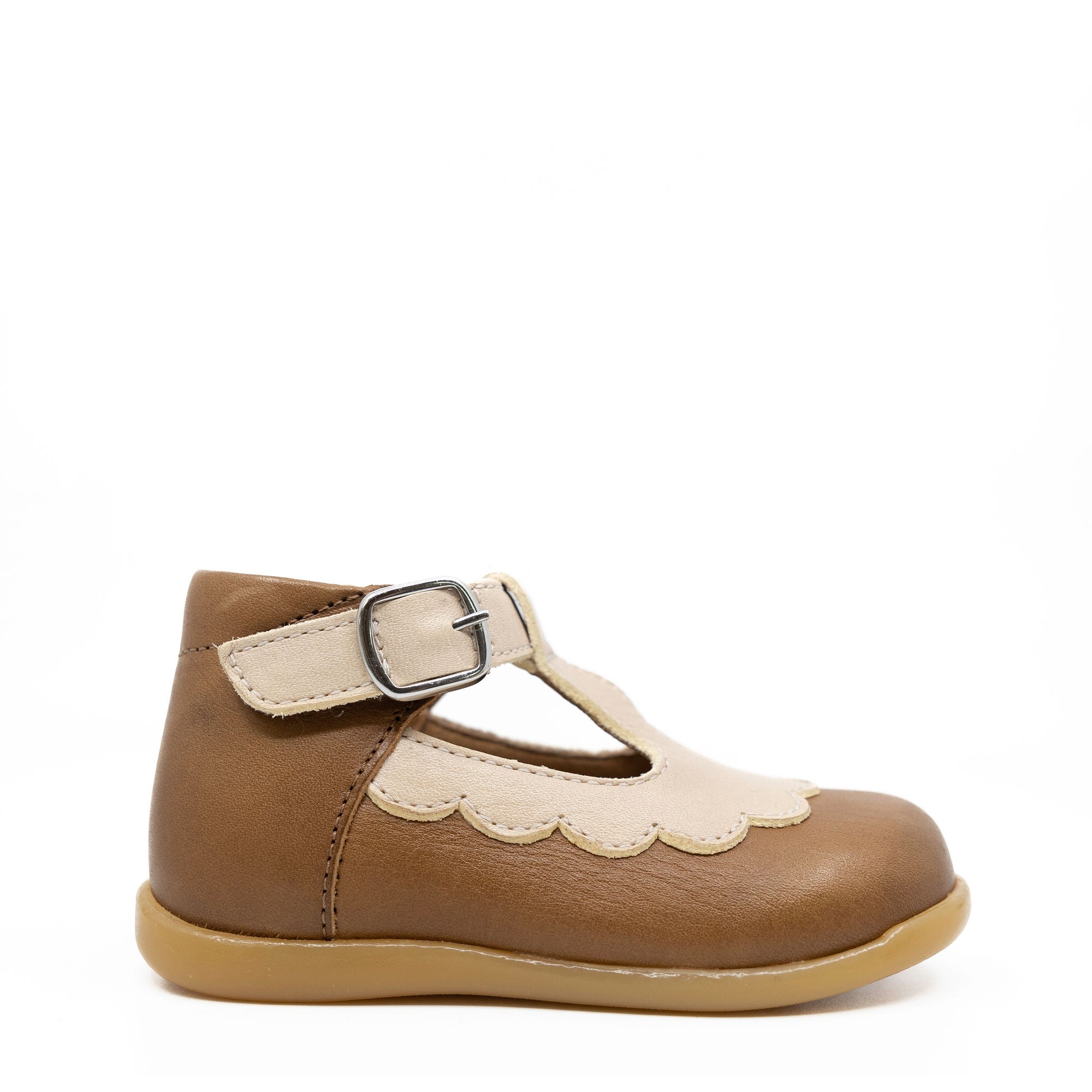 Petit Nord Two-Tone Scalloped T-Strap Baby Shoes | Soft Leather First Walkers for Infants & Toddlers | Perfect for Special Occasions & Photo Shoots