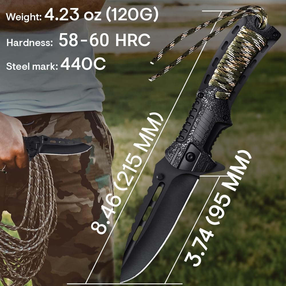 Spring Assisted Pocket Knife for Men - Tactical Folding Blade with Fire Starter, Whistle & Paracord Handle | Survival Tool for Hiking, Hunting, Camping | Perfect Gift for Dad, Husband, Outdoorsmen | Emergency Preparedness & Everyday Carry (EDC) Use