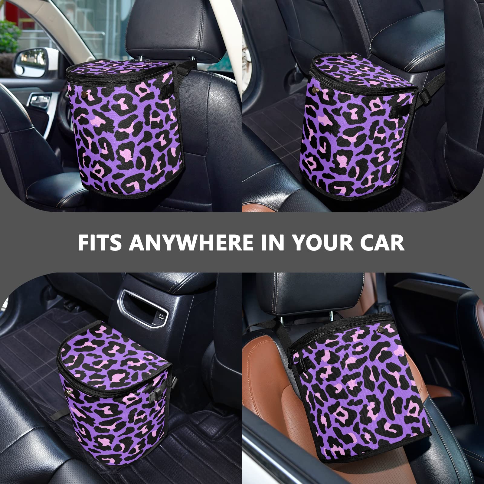 **Tarity Leak-Proof Car Trash Can with Aluminum Film - Waterproof Hanging Car Garbage Bin, Multipurpose Vehicle Organizer Storage Bag for Waste Disposal - Purple Leopard Print - Ideal for Road Trips, Commuting & Travel**