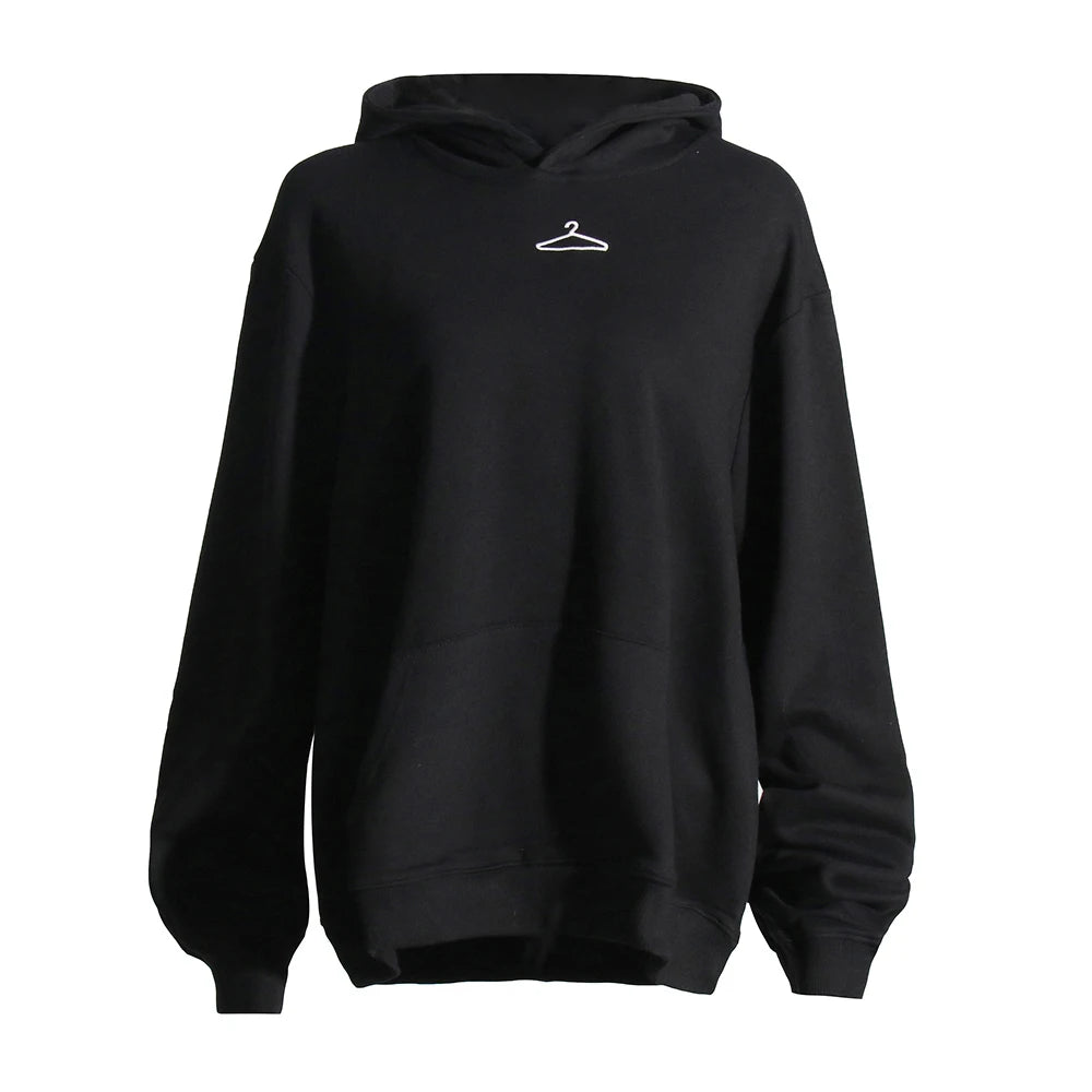 Women's Black Hooded Loose Sweatshirt - Long Sleeve Casual Pullover with Collar | Trendy Solid Color Sweater for Everyday Wear, Lounge & Street Style | 2022 Fashion Collection