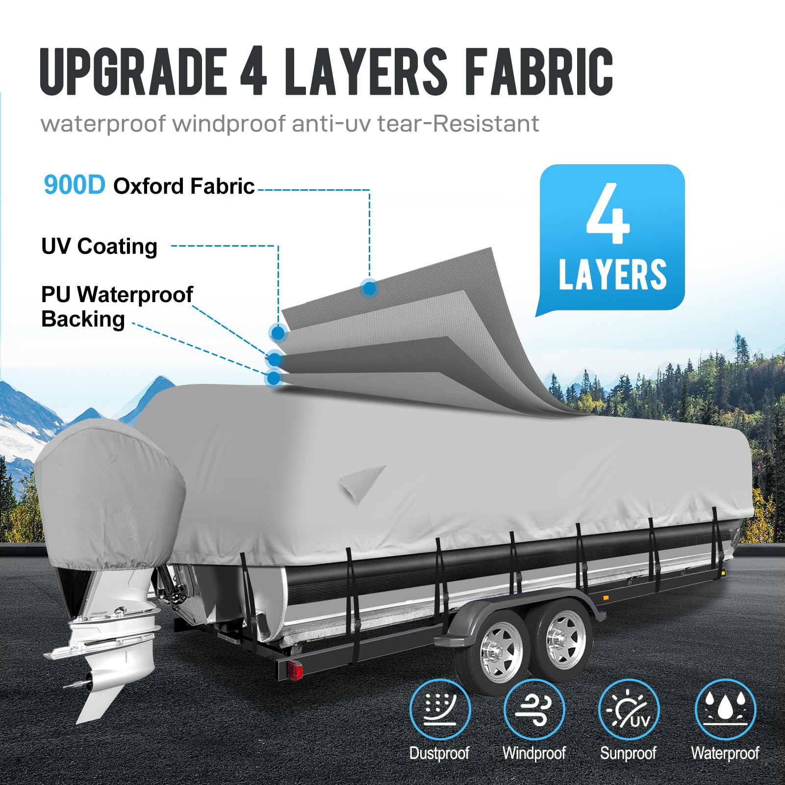 900D Waterproof Pontoon Boat Cover with Motor Cover - Heavy Duty Marine Grade Canvas for 17-20 FT Deck Boats (Gray) - Perfect for Outdoor Storage & Winter Protection