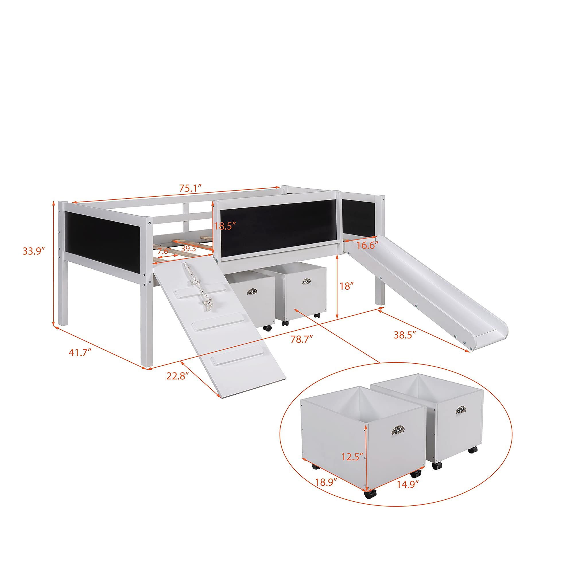 Twin Size Wooden Loft Bed with Storage Boxes, Climbing Frame, Slide & Safety Guardrails - Space Saving Kids Bedroom Furniture for Small Rooms (White) - Perfect for Playrooms, Dorm Rooms & Tiny Homes