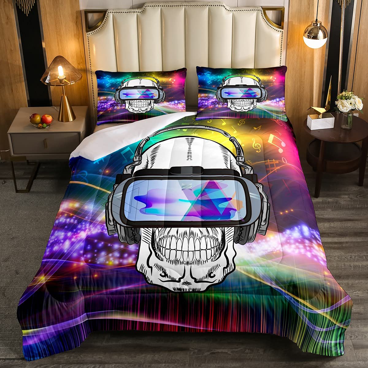 Erosebridal Full Size Sugar Skull Comforter Set - Music Notes Bedding for Kids, Boys & Girls - Gothic Halloween Duvet Cover with Colorful Skull Design - Perfect for Teens Room Decor & Gaming Setup
