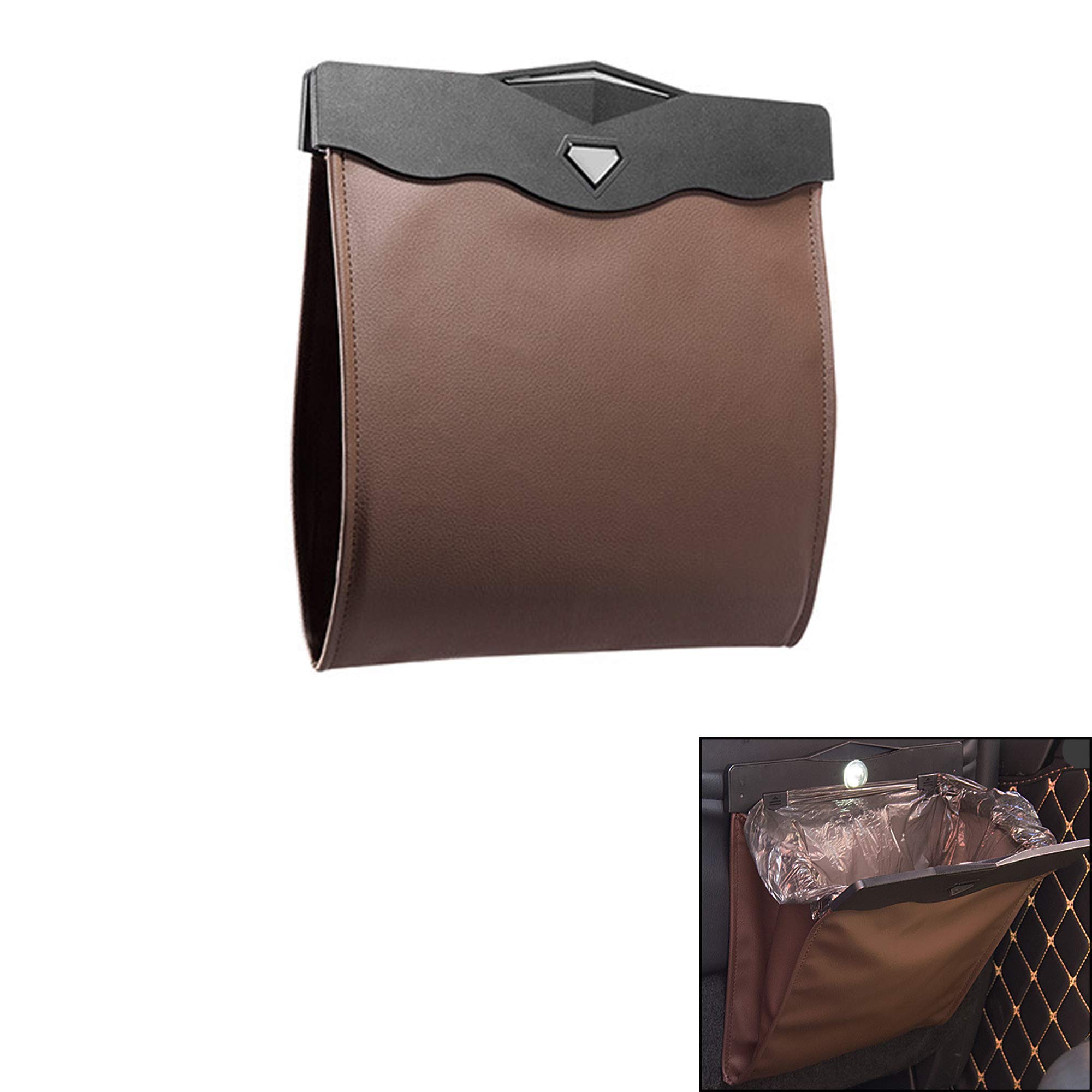 Premium Car Trash Bin with 50 Trash Bags - Smart LED Leather Garbage Can, Waterproof Foldable Car Trash Organizer for Vehicle, Office & Toilet Use - Universal Fit for Cars, SUVs & Trucks (Large Size)