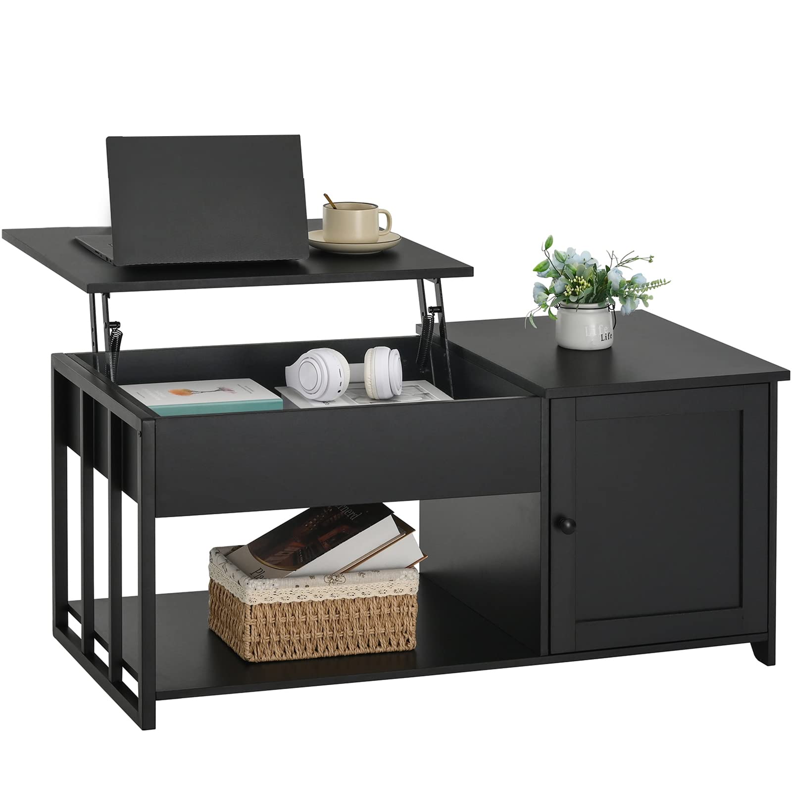 USIKEY Lift Top Coffee Table with Hidden Compartment, 2 Cabinet Doors, Industrial Cocktail Table for Home/Office, Black