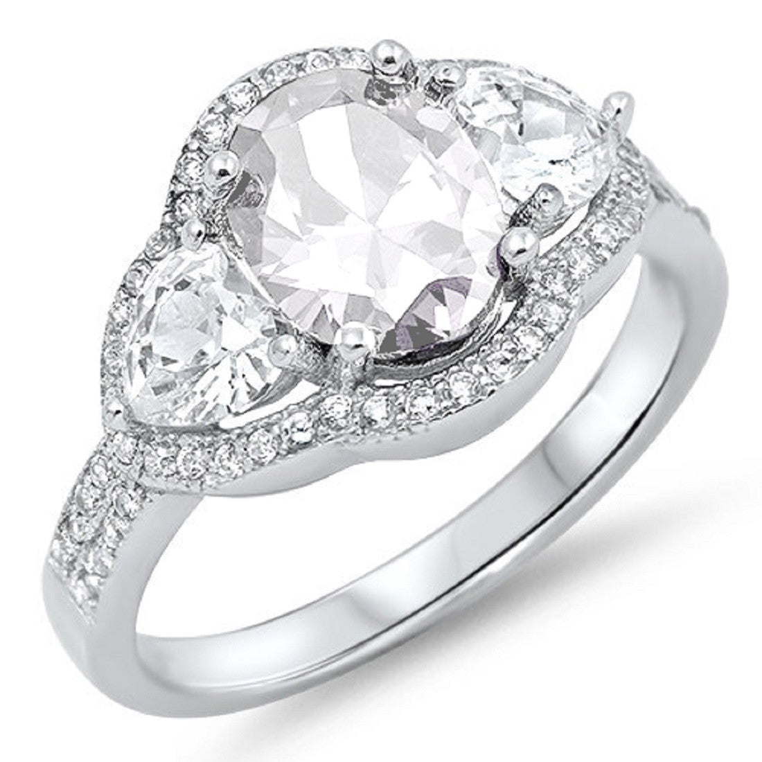 3 Stone Wedding Engagement Ring - Halo Oval Heart Round Cubic Zirconia 925 Sterling Silver (Choose Color) | Perfect for Proposals, Anniversaries & Special Occasions