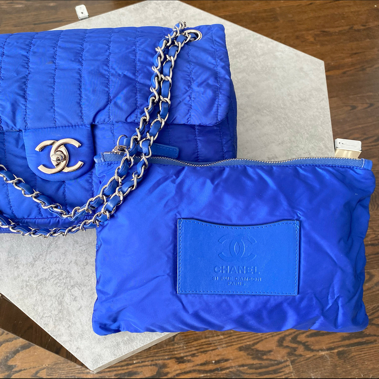 Chanel 12P Cobalt Blue Nylon Flap Bag with Pouch - Luxury Designer Shoulder Bag for Women | Perfect for Evening Parties, Date Nights & Special Occasions