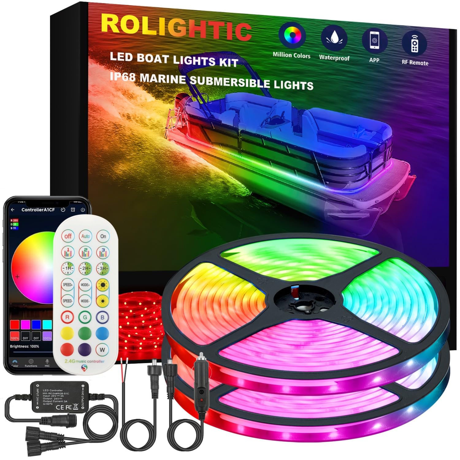 50FT Marine Submersible LED Strip Lights - IP68 Waterproof RGB Underwater Boat Lights for Deck & Hull Lighting | RF/APP Remote Control | Perfect for Night Fishing, Pontoon Boats & Watercraft Decoration