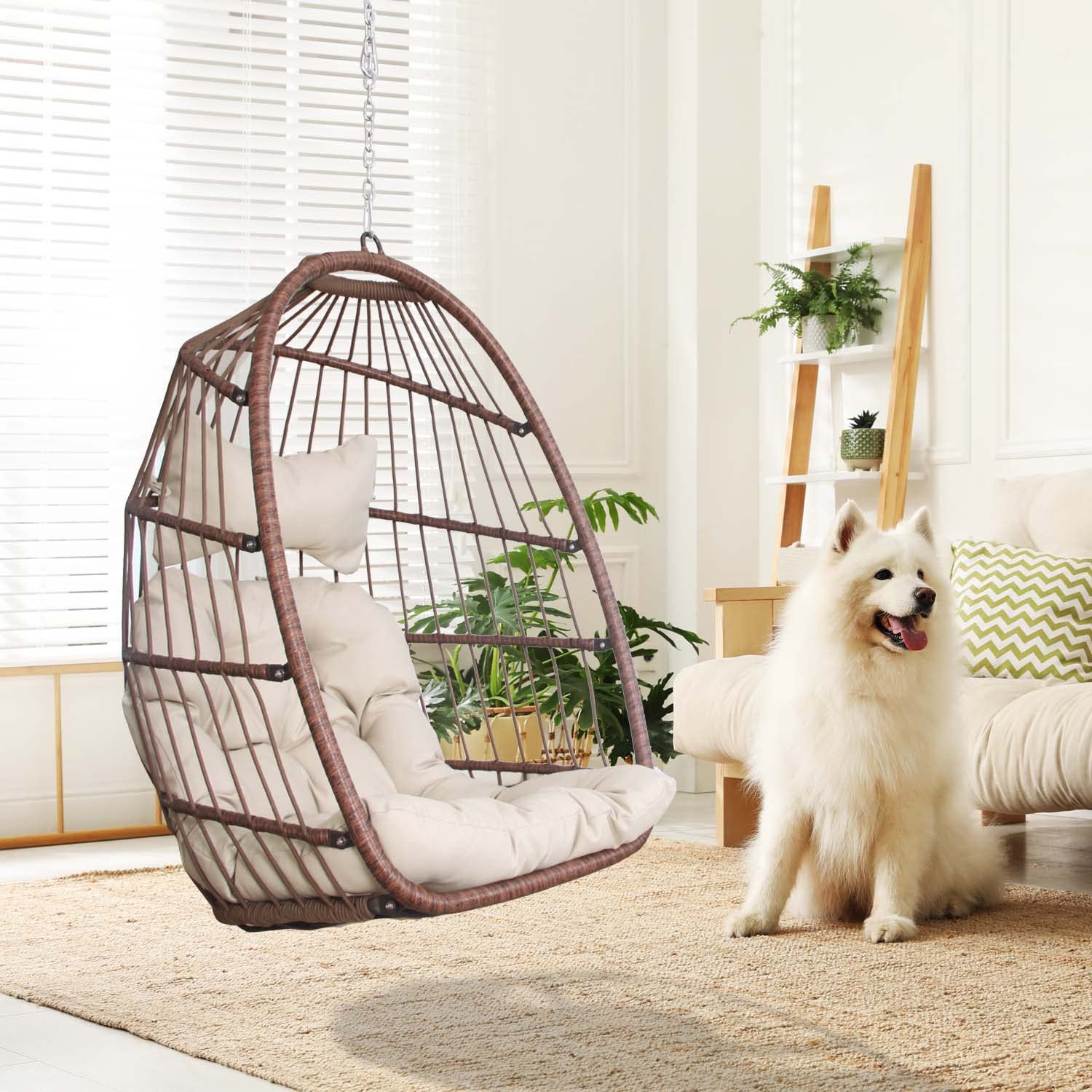NICESOLL Hanging Egg Chair Without Stand - PE Wicker Swing Hammock Basket Chair with Cushions - 265lbs Weight Capacity - for Indoor Outdoor Use in Bedroom, Living Room, Patio, Backyard, Balcony (Brown) - Perfect for Relaxing, Reading & Lounging