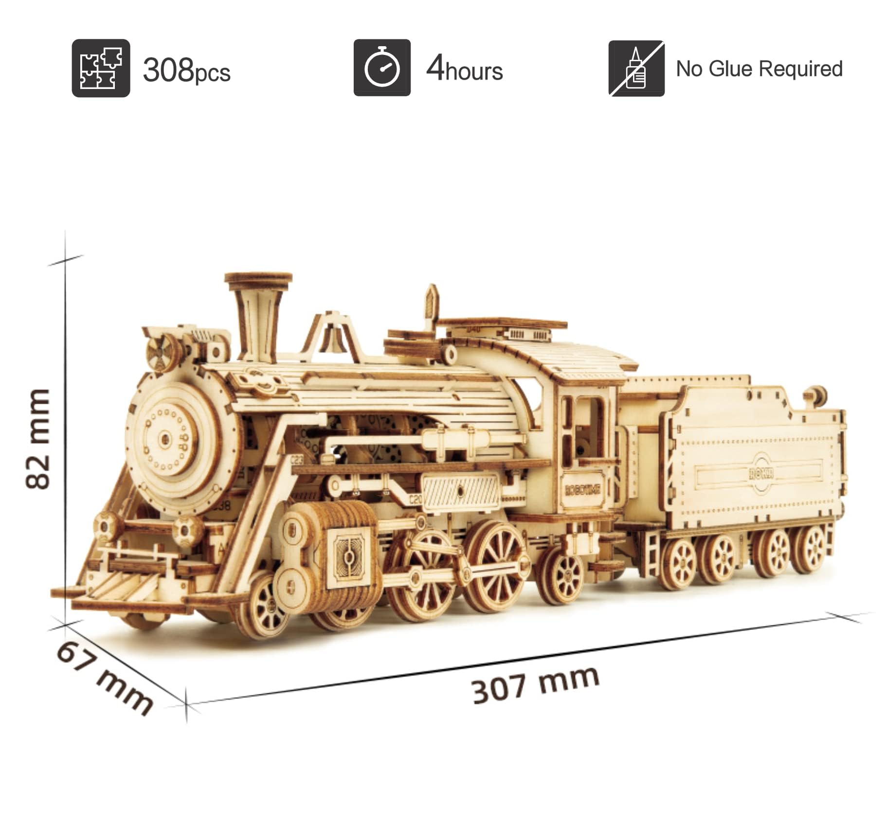 ROKR 3D Wooden Puzzle for Adults - DIY Mechanical Car Model Building Kit - Brain Teaser Toy Gift for Men, Women & Kids - Birthday & Christmas Present - Steam Train with Carriage - Perfect for Home Decoration, STEM Education & Family Bonding Activities