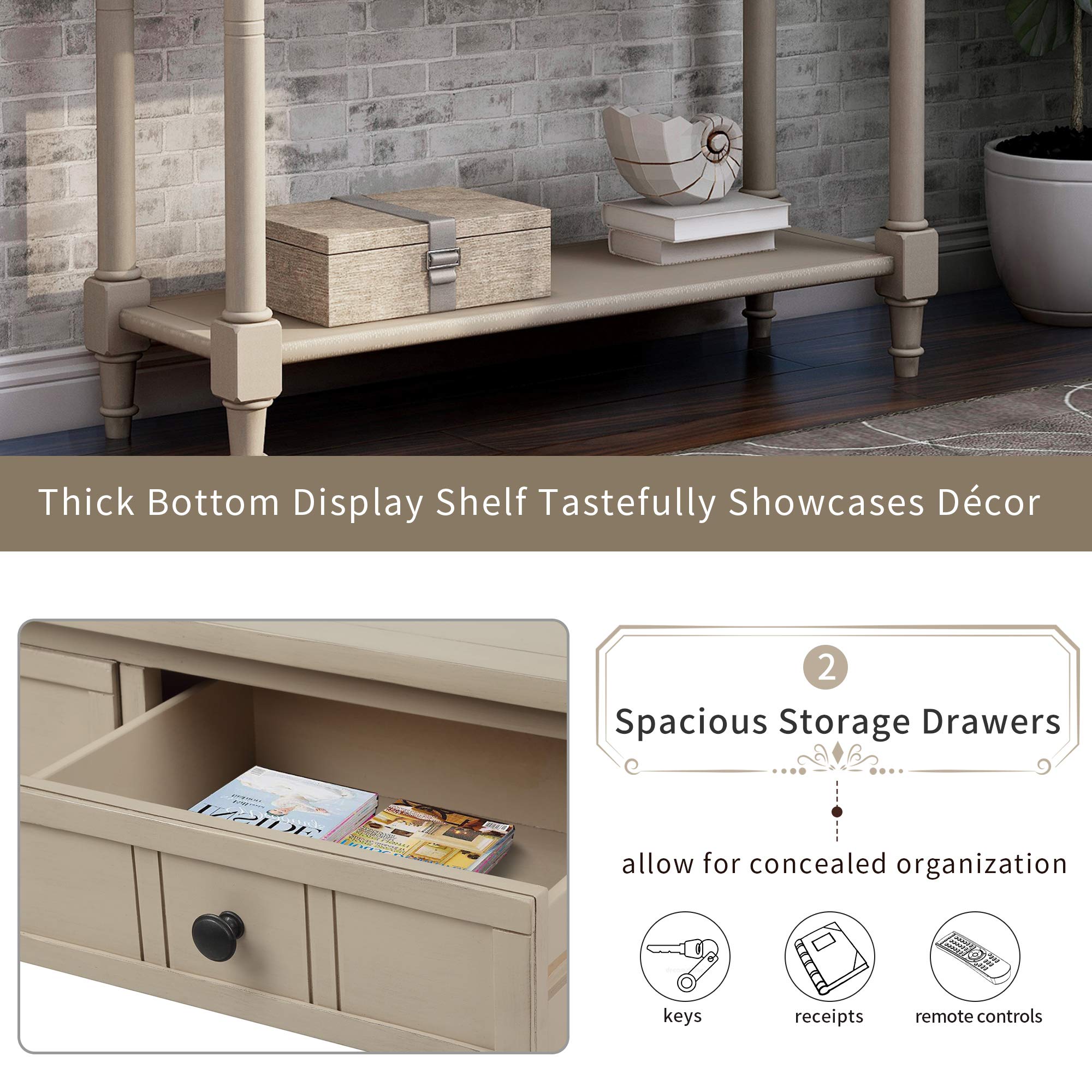 Antique Entry Console Table with 2 Drawers & Open Shelf - Solid Wood Sofa Table for Hallway, Living Room, Entryway - Grey - Perfect for Home Decor & Small Space Organization