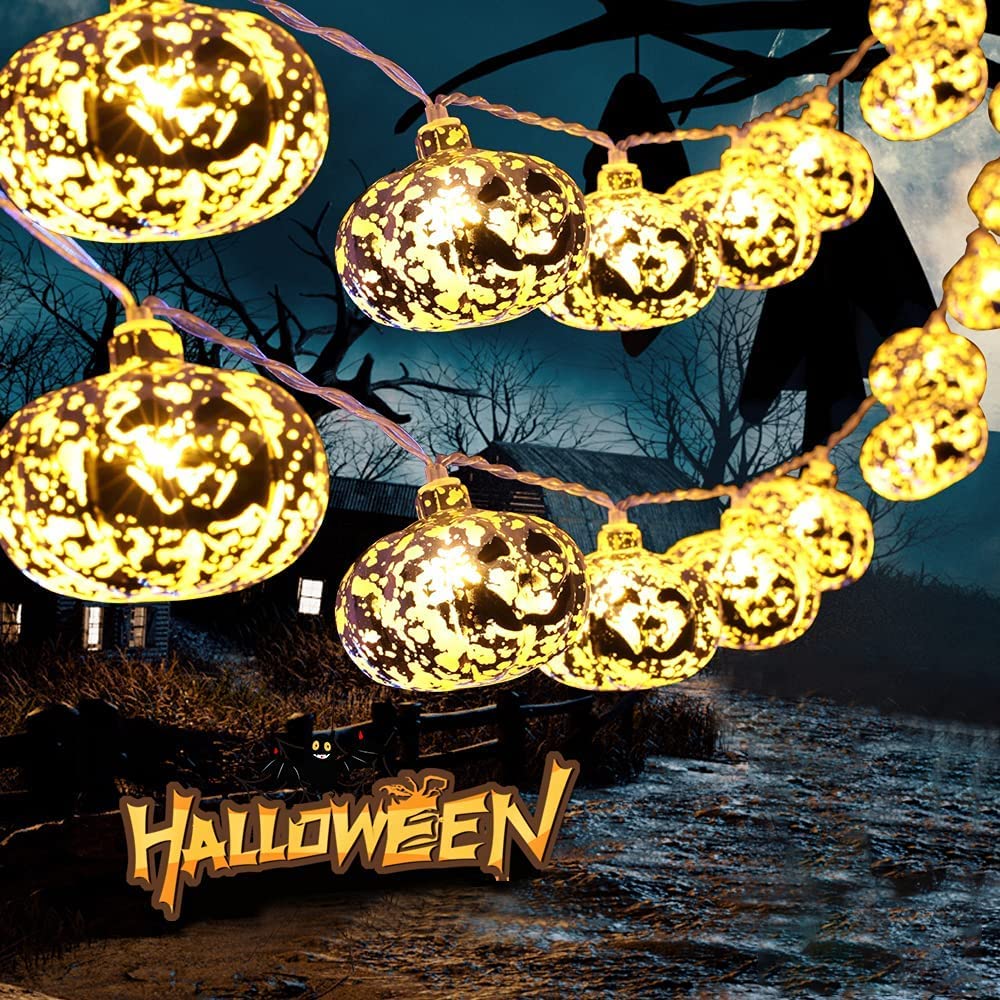 20 LED Halloween Pumpkin String Lights - Indoor/Outdoor Halloween Decor with 2 Modes (Steady & Flickering) for Parties, Festivals, Holidays - Perfect for Porch, Yard, and Halloween Party Decorations