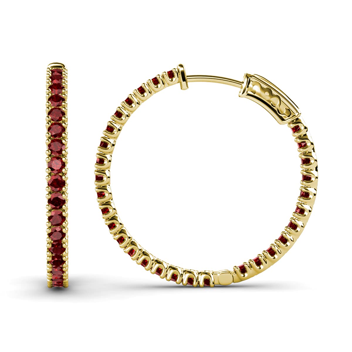 14K Yellow Gold Red Garnet 2mm Inside-Out Hoop Earrings 2.21ctw - Elegant Dangle Earrings for Women, Perfect for Parties, Weddings & Everyday Wear