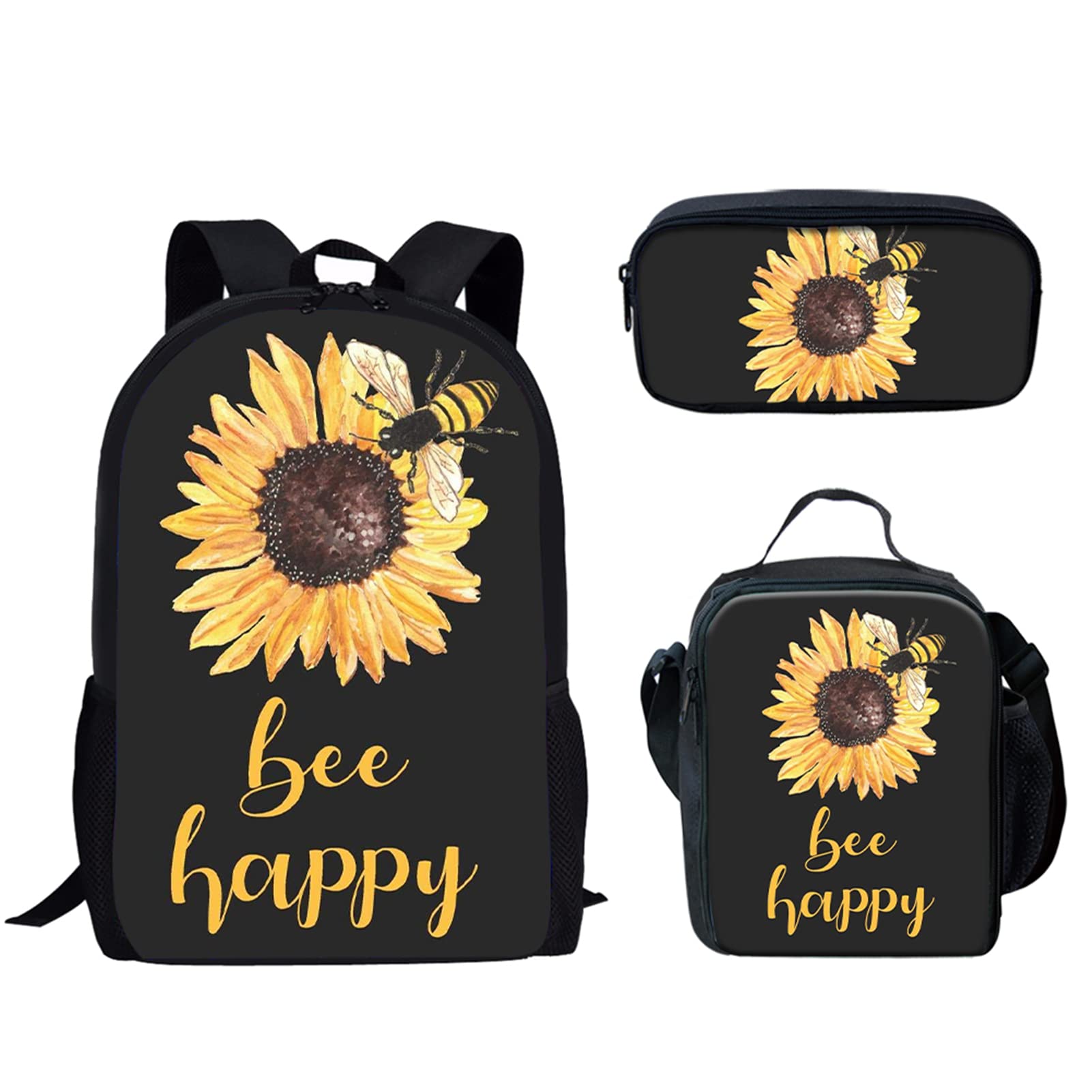 Forchrinse 3-Piece Girls Backpack Set - Sunflower Bee Print Backpack, Lunch Box & Zipper Pencil Case (Be Happy) | School Supplies, Travel & Daily Use for Kids