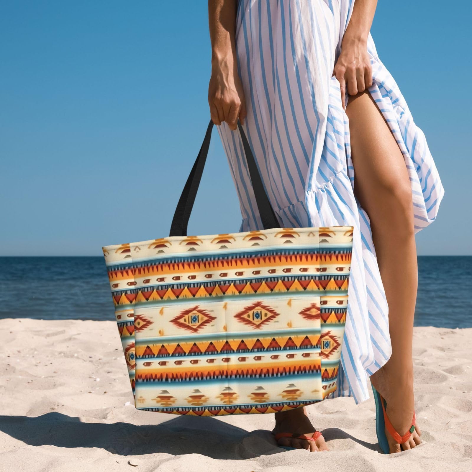 Native American Print Beach Tote - Extra Large for Travel & Women's Fashion - Black