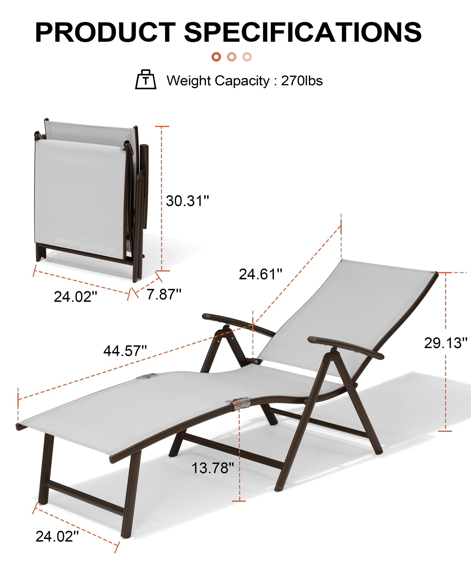 Crestlive Folding Patio Chaise Lounge Chair - Adjustable Aluminum Outdoor Pool Recliner with 8 Positions, No Assembly Required - Perfect for Backyard, Beach, and Poolside Relaxation