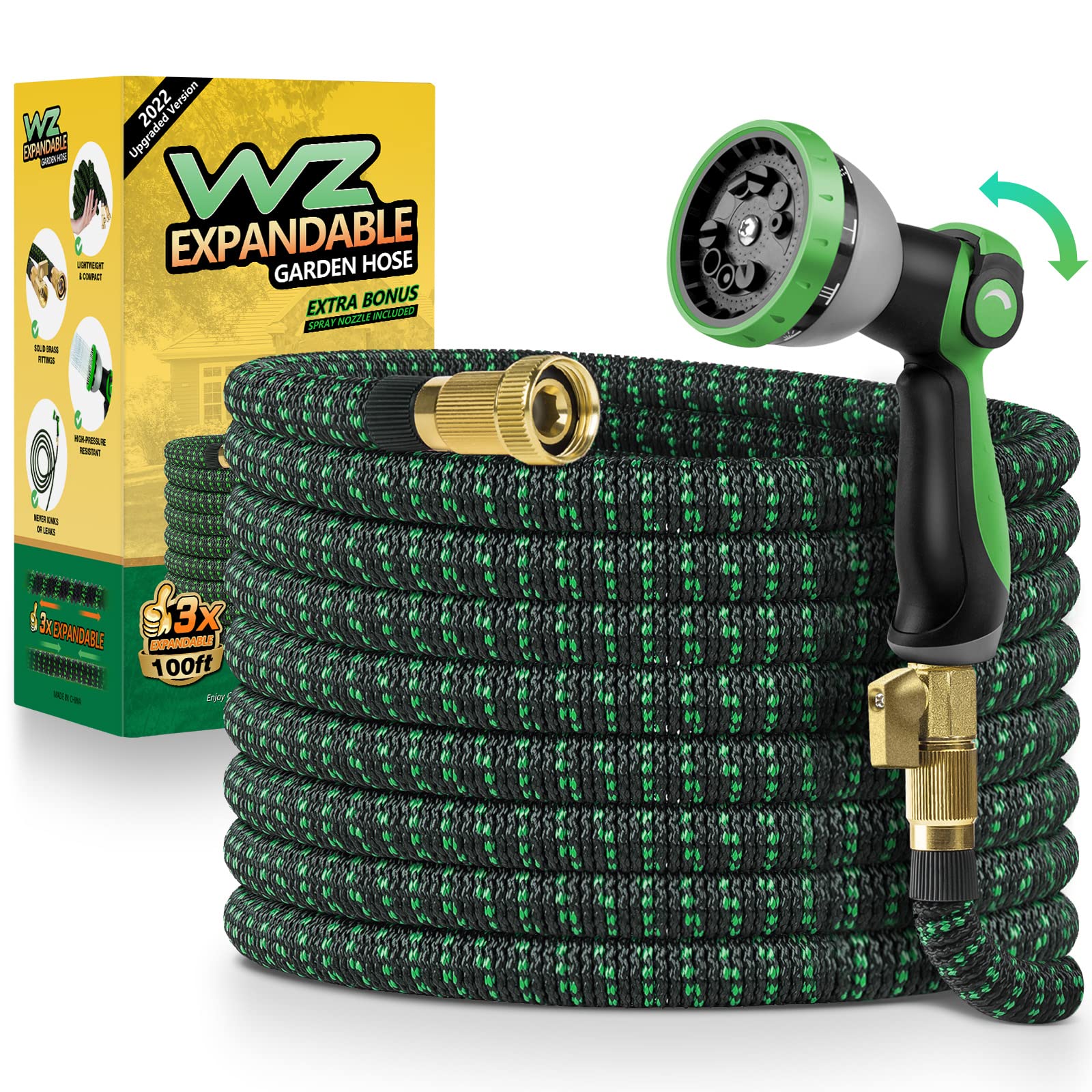 100FT Expandable Garden Hose - Upgraded Self-Locking Leakproof Water Hose with 10-Function Spray Nozzle, 3-Layer Latex & 3/4