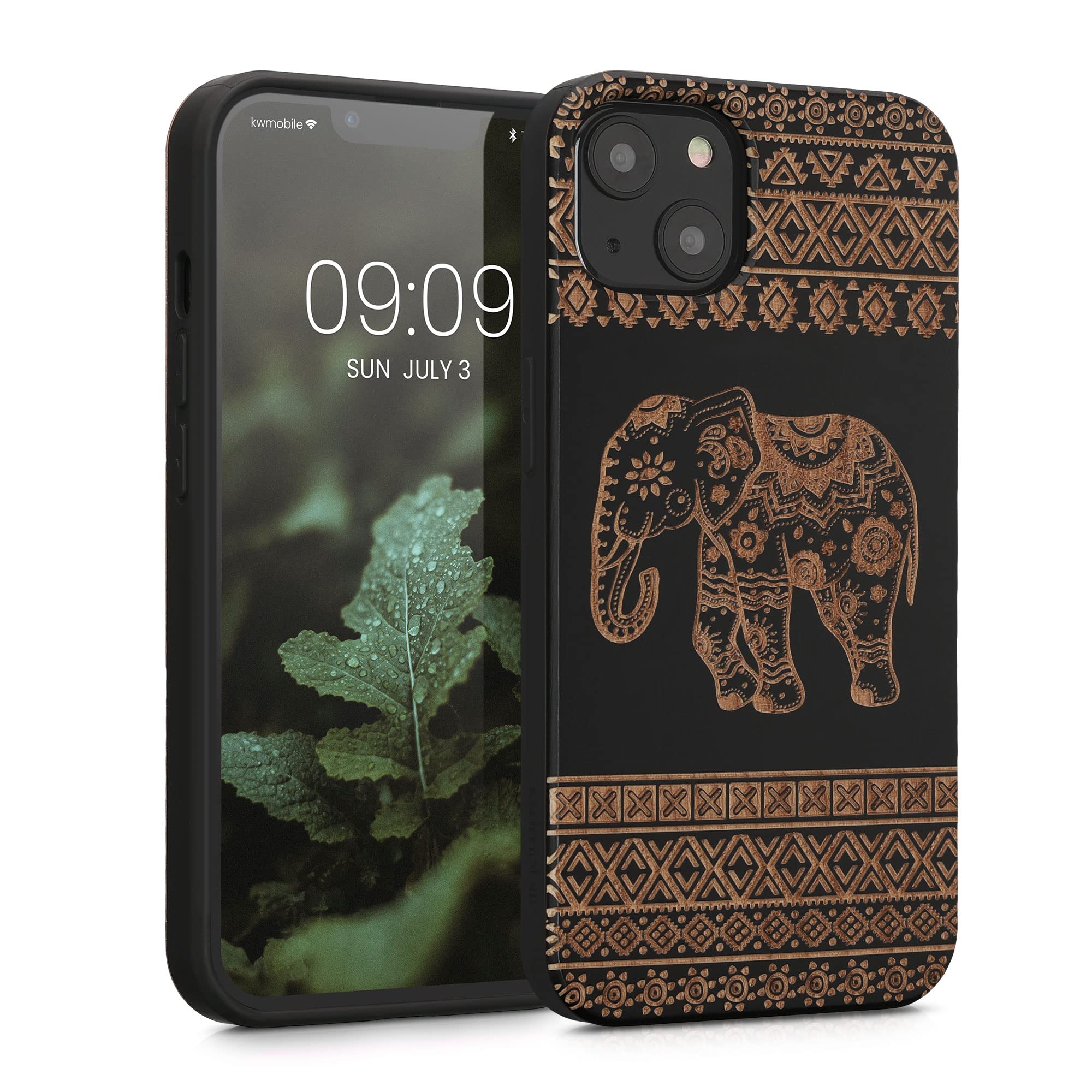 kwmobile Wooden Phone Case for Apple iPhone 13 - Premium Wood & TPU Bumper Protective Cover with Elephant Pattern (Light Brown/Black) - Perfect for Daily Use, Office & Outdoor Protection