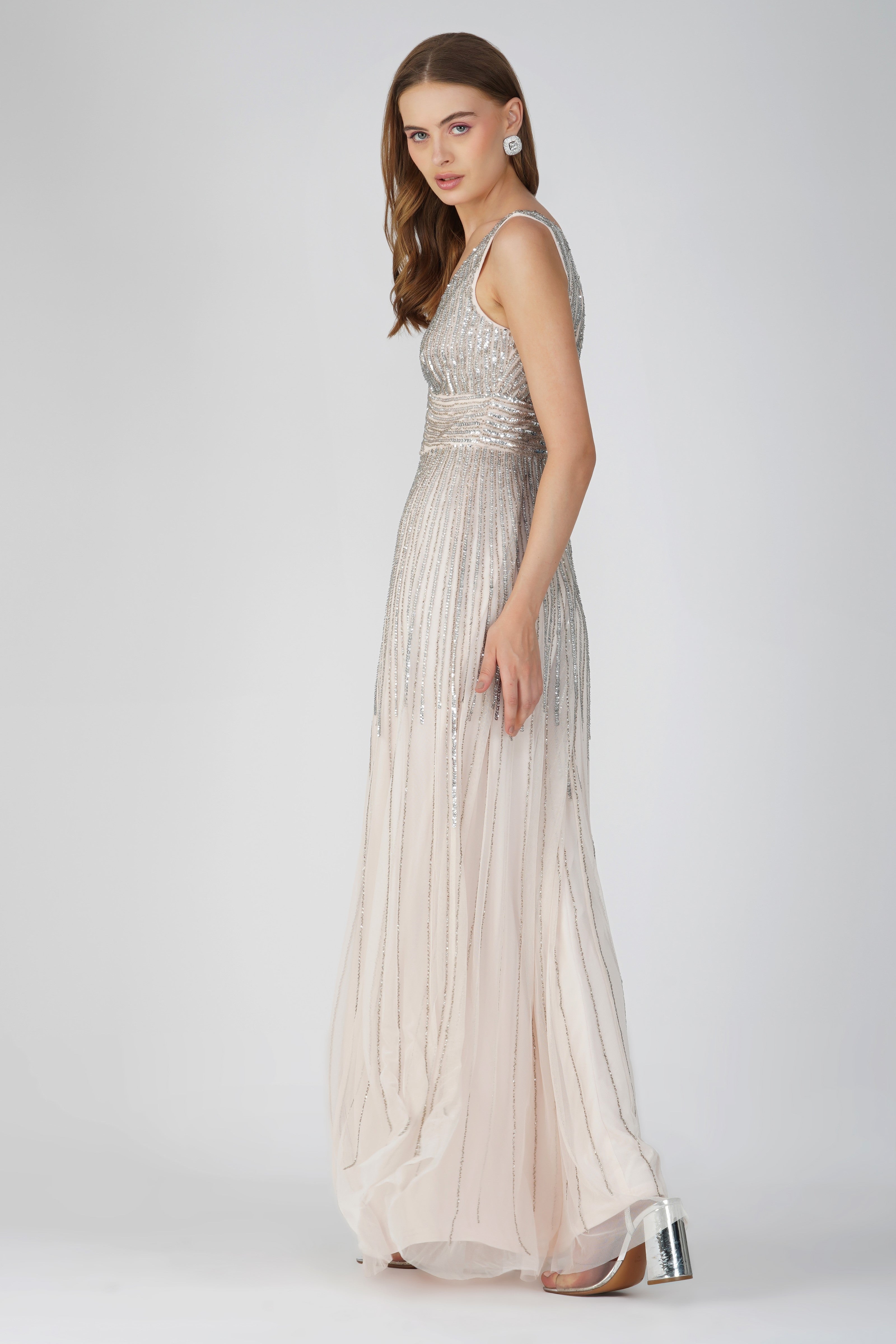 Lorelai Powder Pink Embellished Maxi Dress for Women - Elegant Floral Lace Wedding Guest Dress, Prom Party Gown - Perfect for Weddings, Cocktail Parties, and Special Occasions