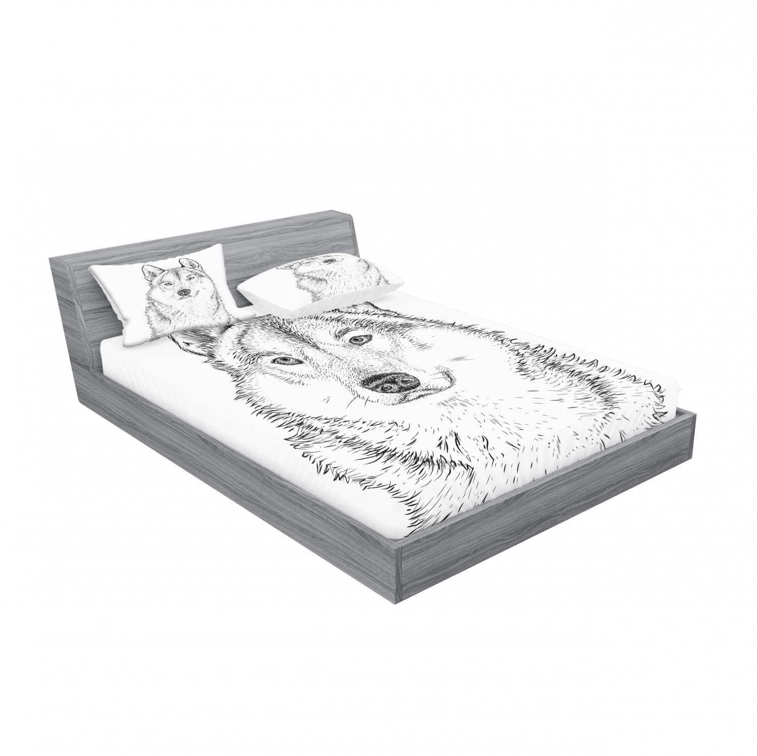 Ambesonne 2-Pack Black & White Wolf Print Fitted Sheet & Pillow Sham Set - 4 Piece Full Size Bedding Set with 2 Fitted Sheets & 4 Pillow Covers - Woods Animal Theme Home Decor for Bedroom, Guest Room or Cabin Retreat