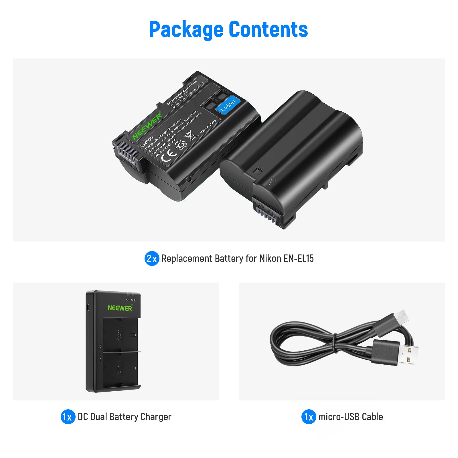 NEEWER 2-Pack EN-EL15 Battery Charger Set for Nikon DSLR Cameras - Fast Charging with LED Indicator for D850 D750 D810 D800 D610 D600 D500 D7200 D7100 D7000 (Perfect for Travel & Professional Photography)
