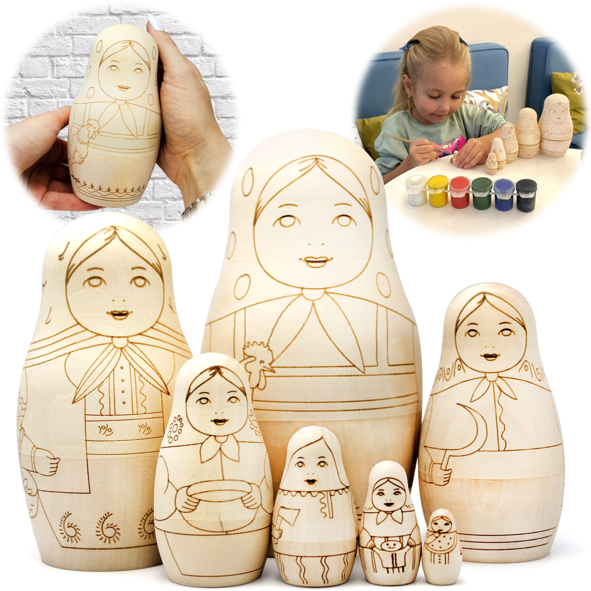 AEVVV 7-Piece Blank Nesting Dolls Set for DIY Painting & Coloring - Perfect for Kids Crafts, Home Decor & Gift Giving