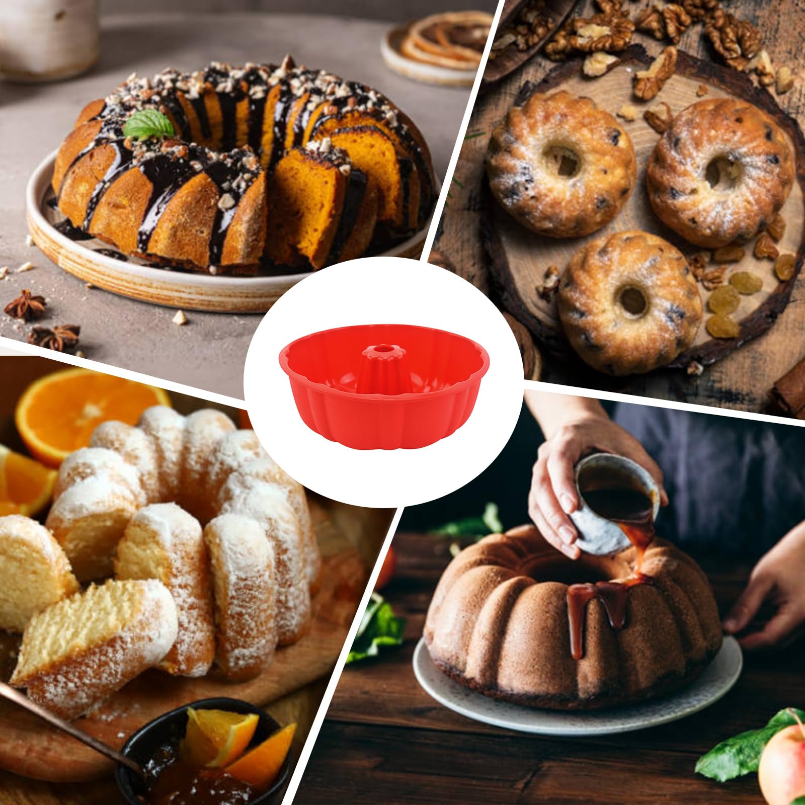 2 Pack 10 Inch Nonstick Silicone Bundt Cake Pan Set - Pound Cake Mold for Baking Jello, Gelatin, Brownies & Bread (Red + Grey) | Perfect for Holiday Desserts, Birthday Cakes & Party Treats